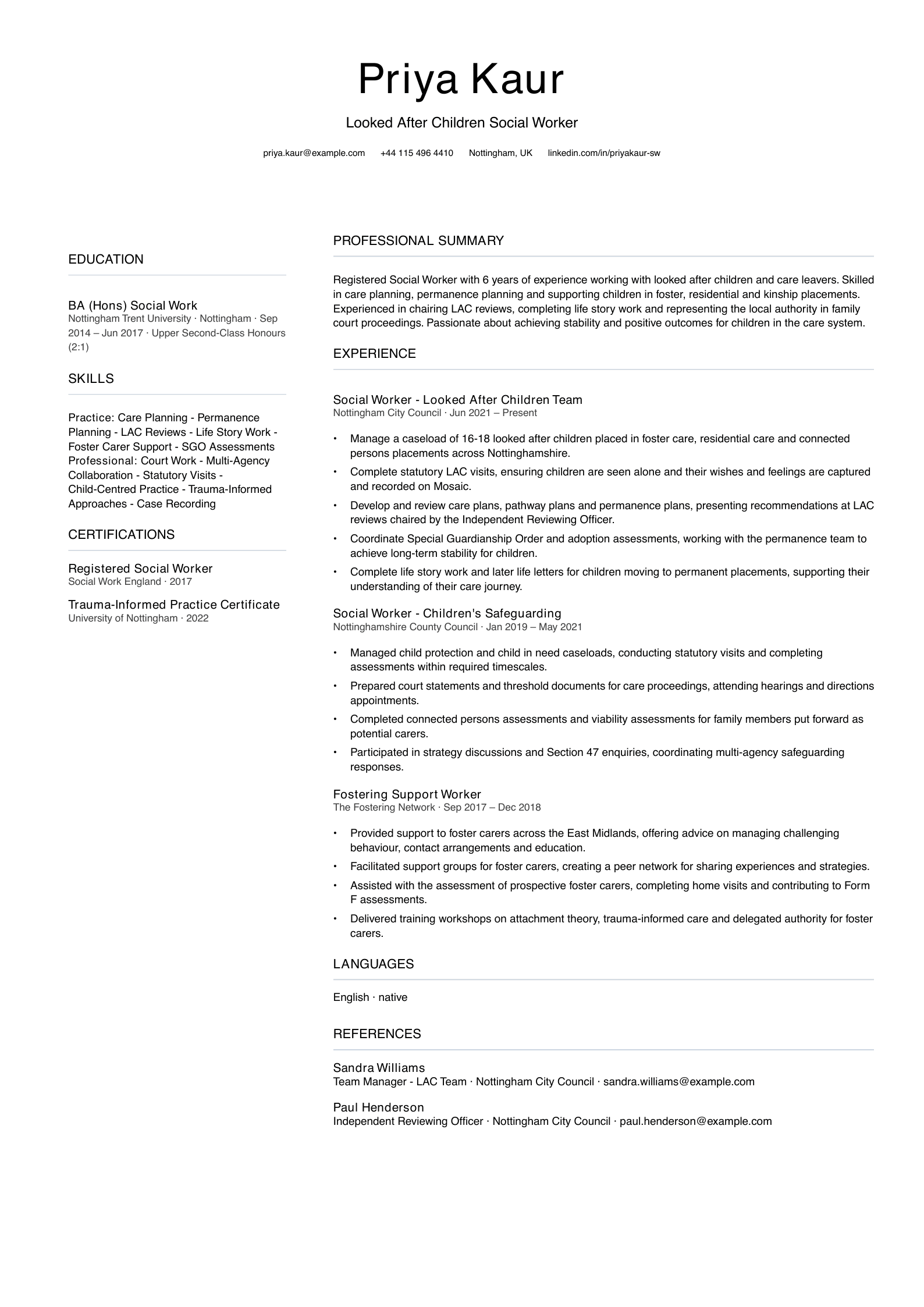 lac social worker cv template