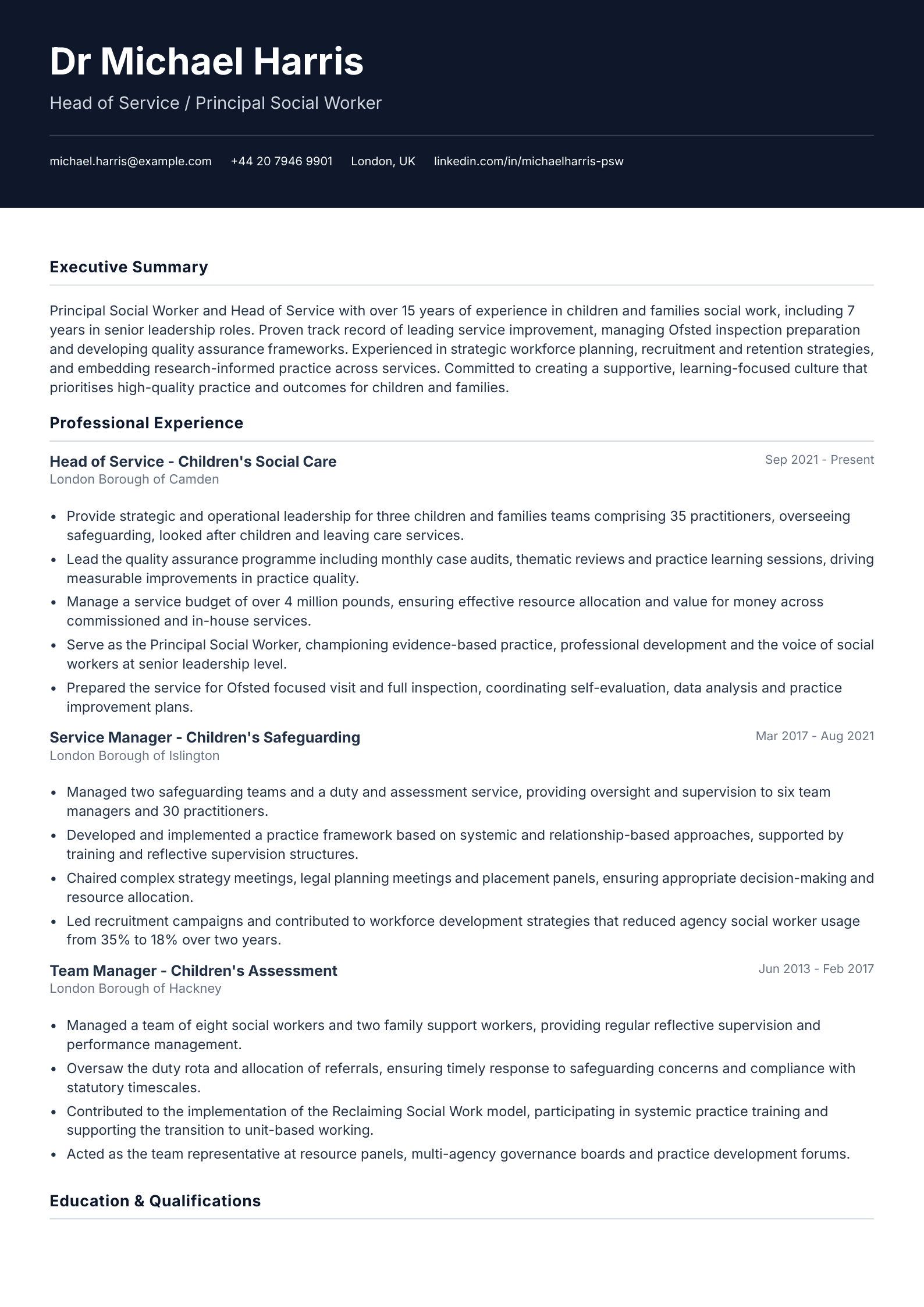 head of service principal social worker cv template