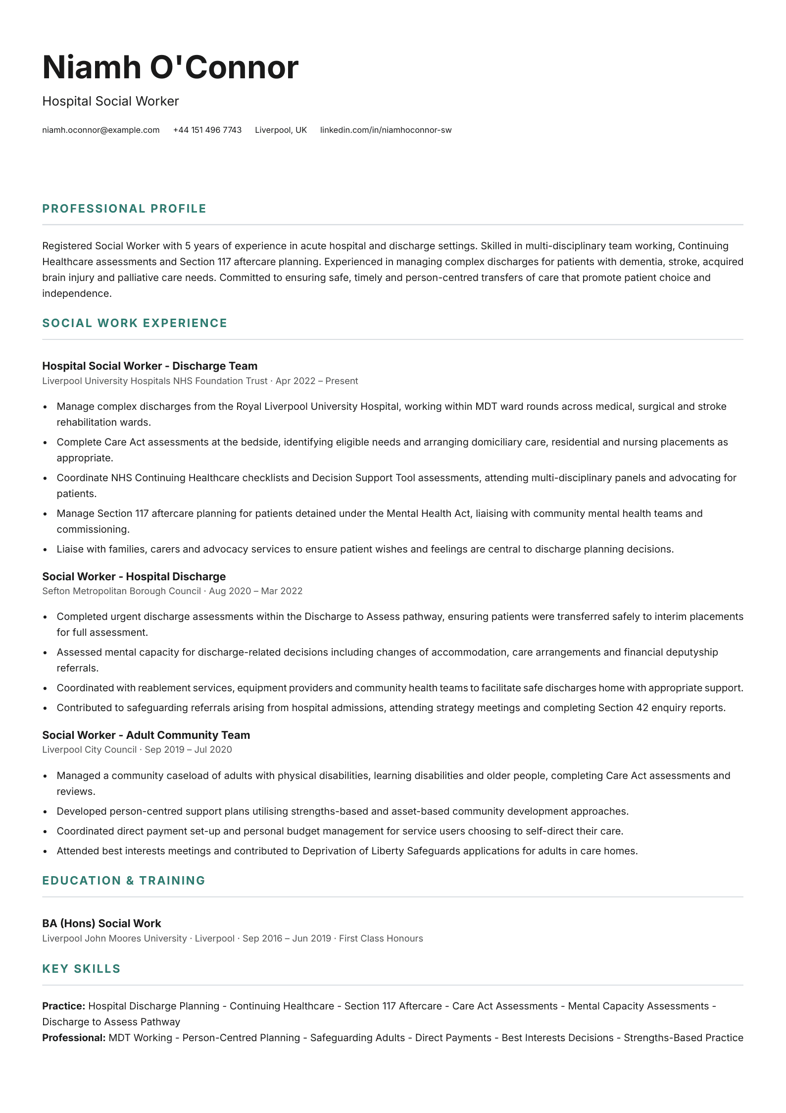 hospital discharge social worker cv template