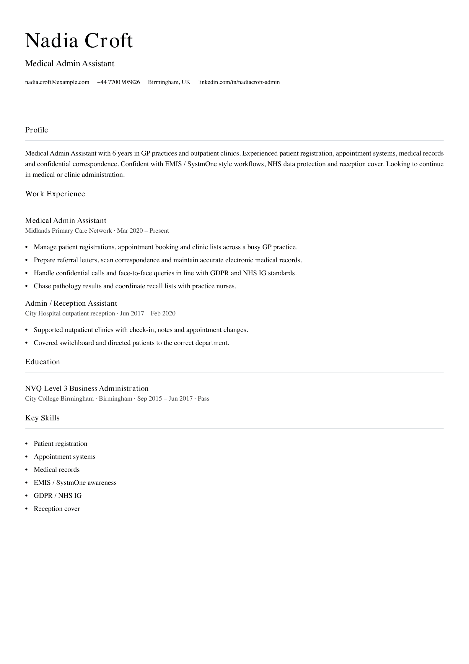 medical admin assistant cv template