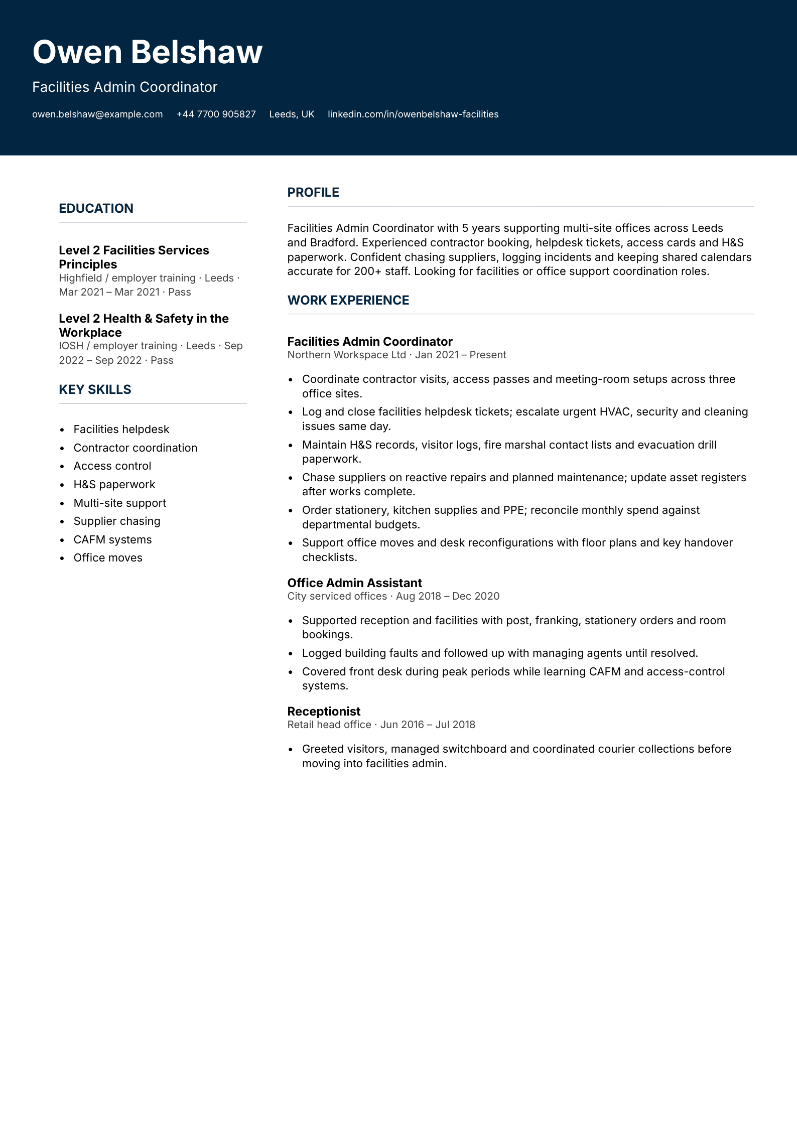 facilities admin coordinator cv template