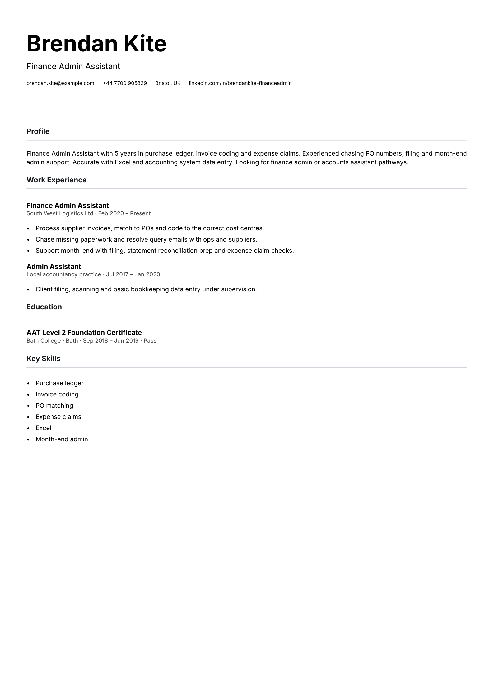 finance admin assistant cv template