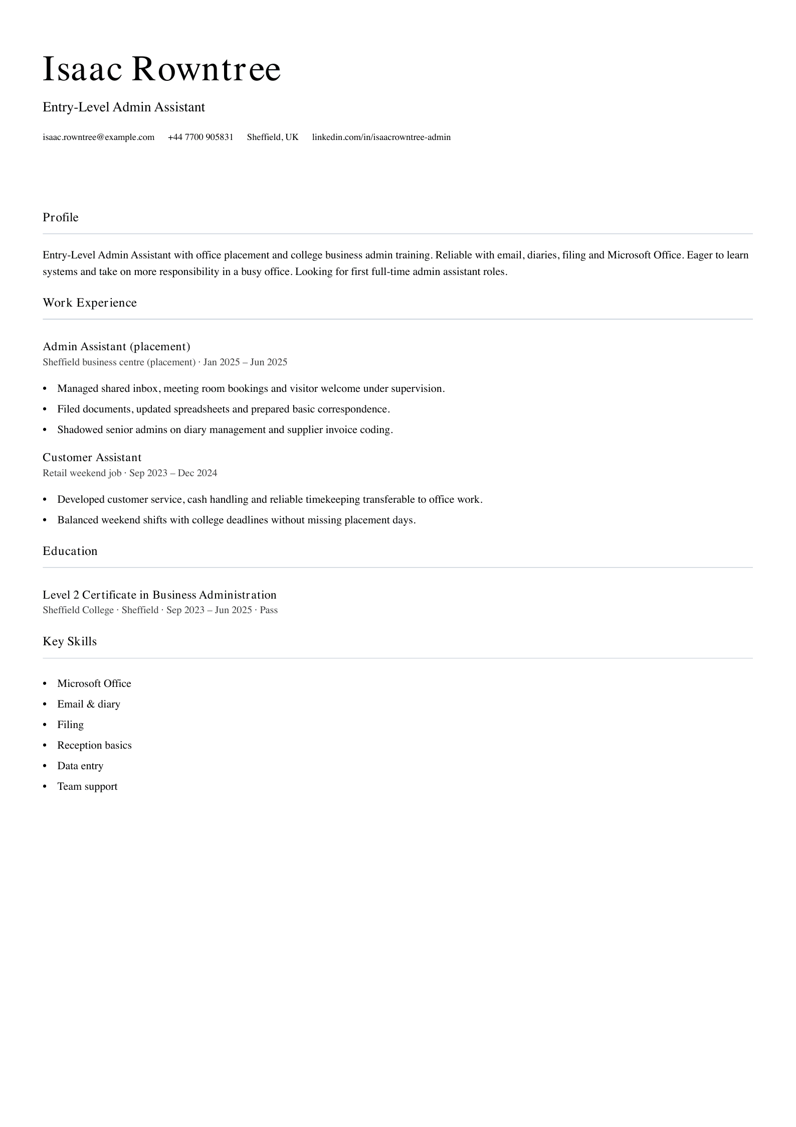 entry level admin assistant cv template
