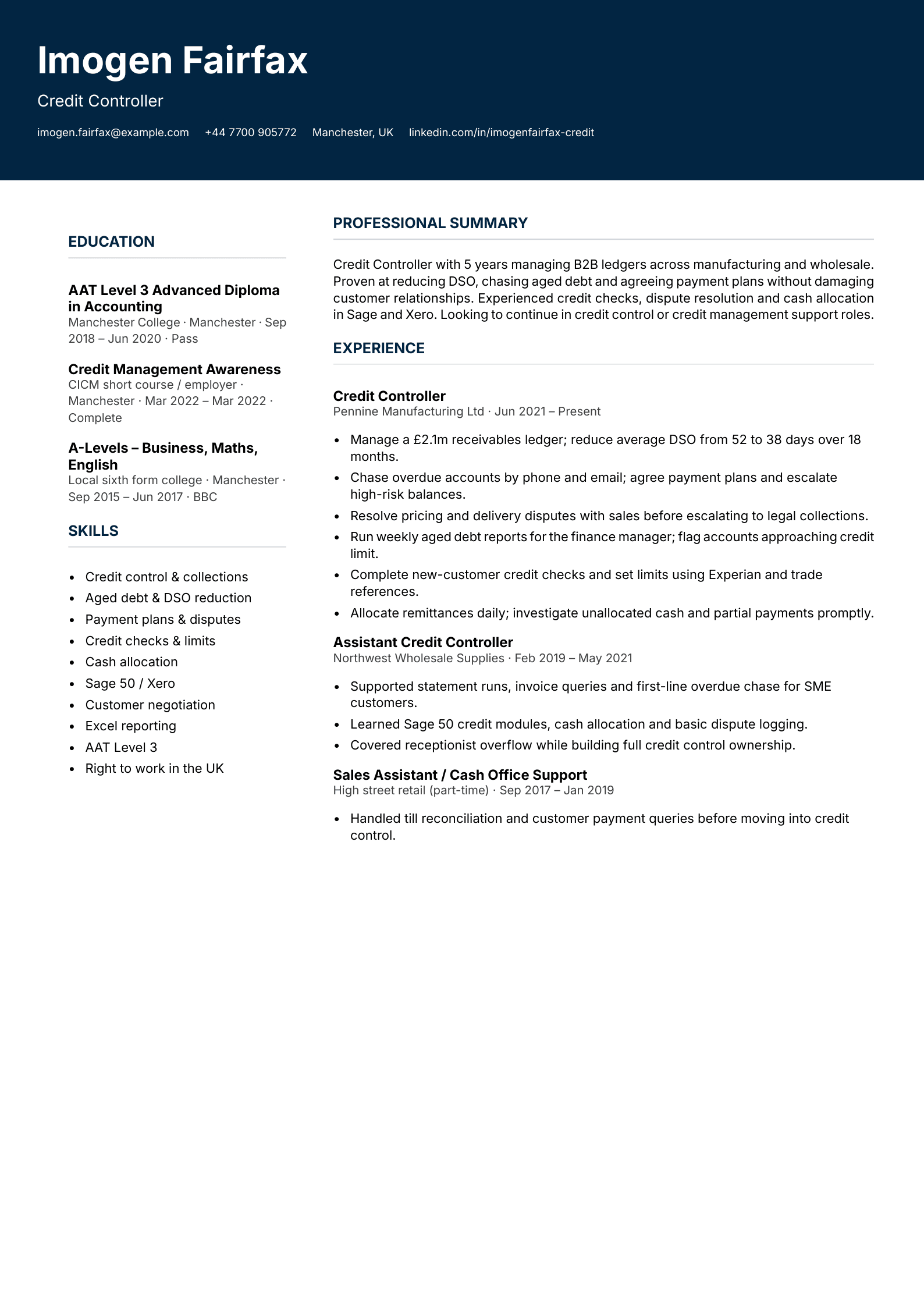 credit controller cv template