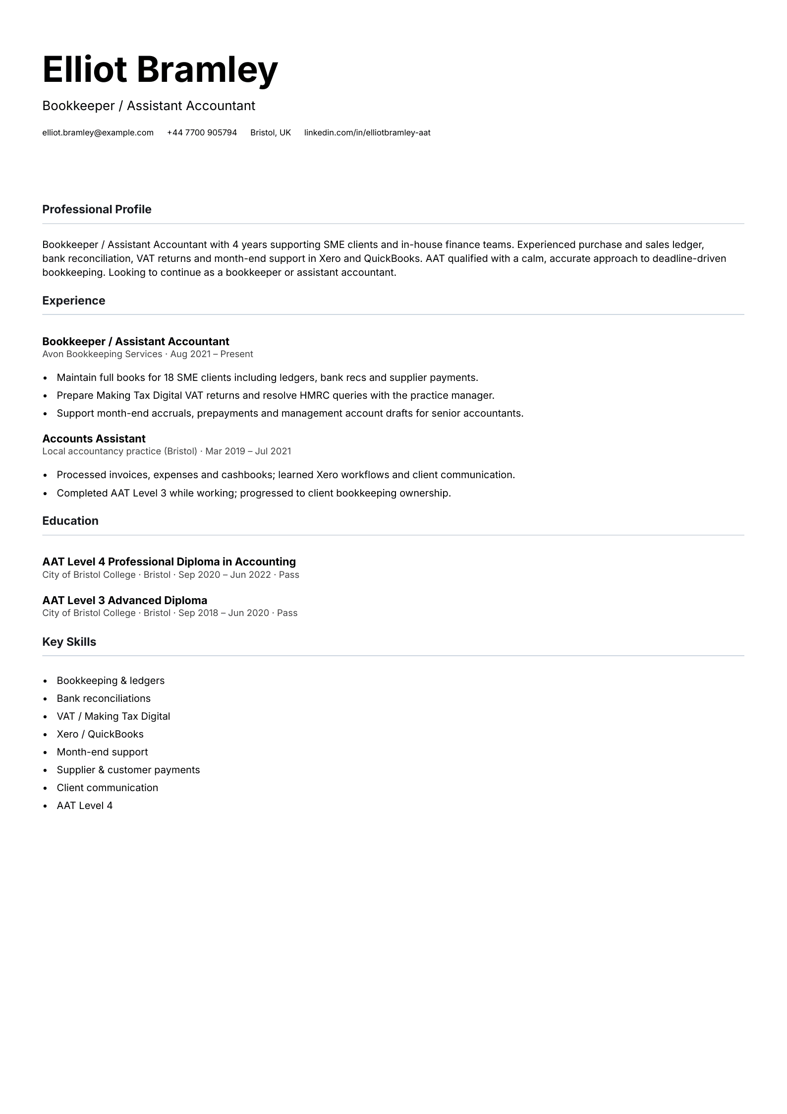 bookkeeper assistant accountant cv template