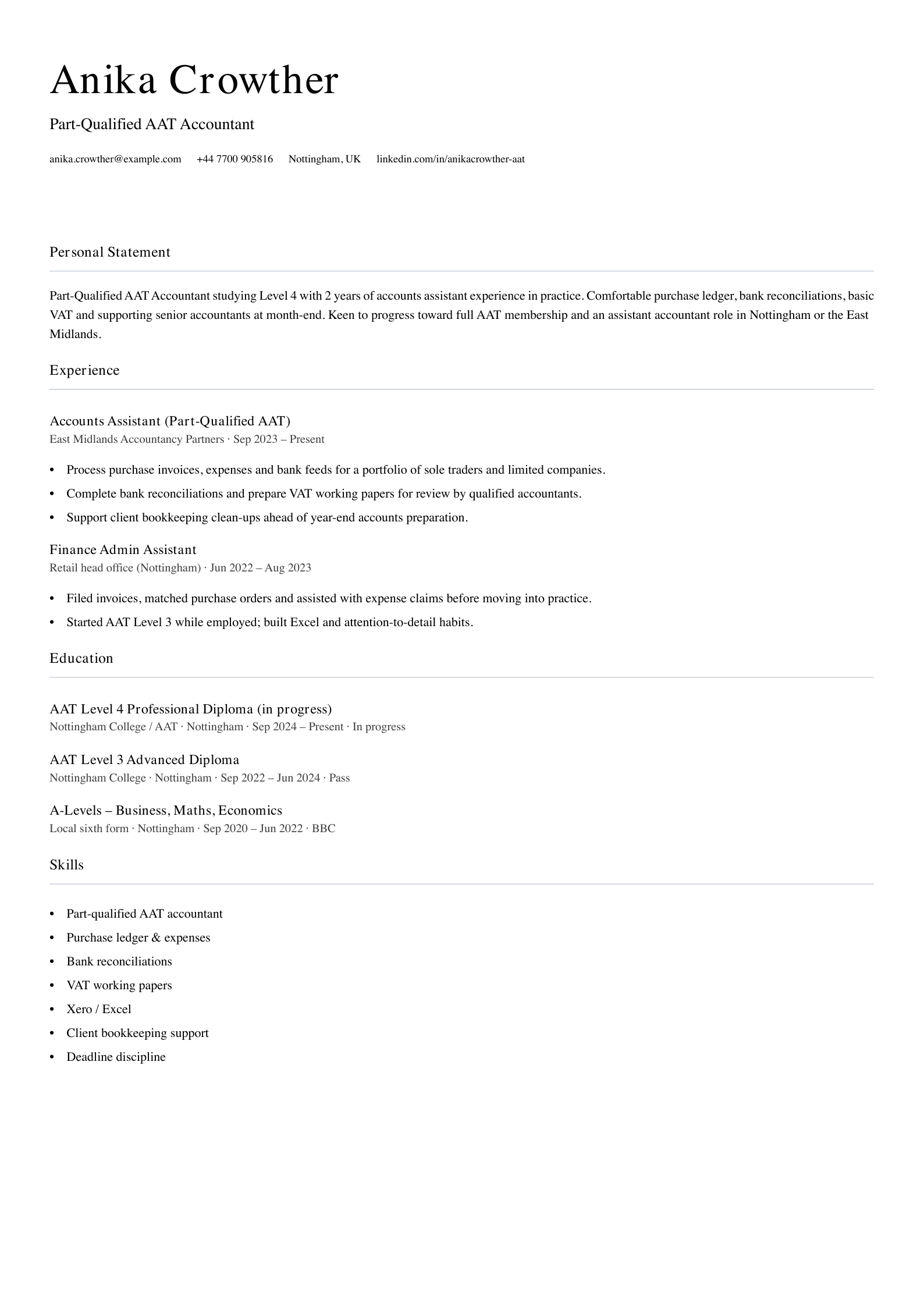 part qualified aat accountant cv template
