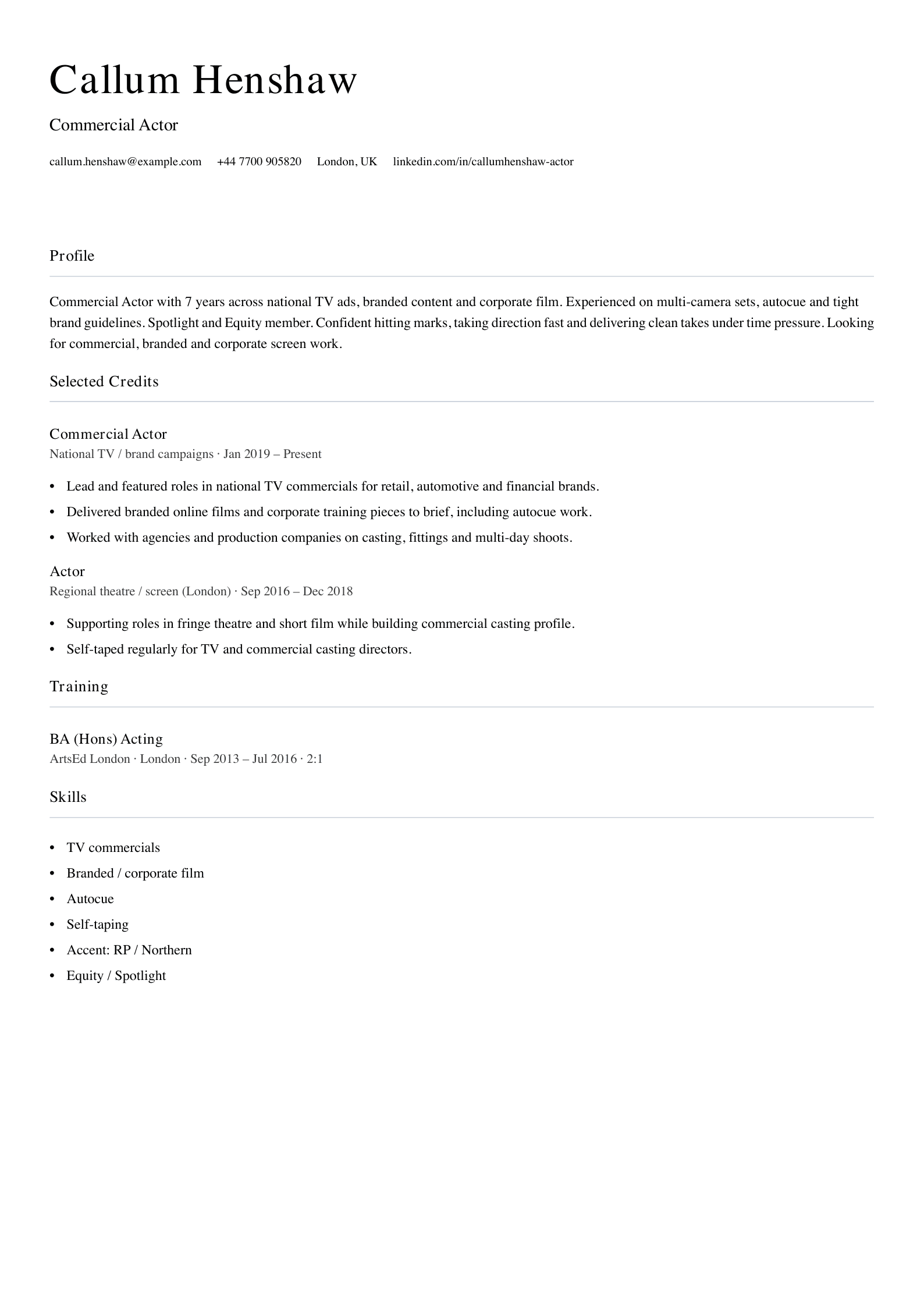 commercial actor cv template