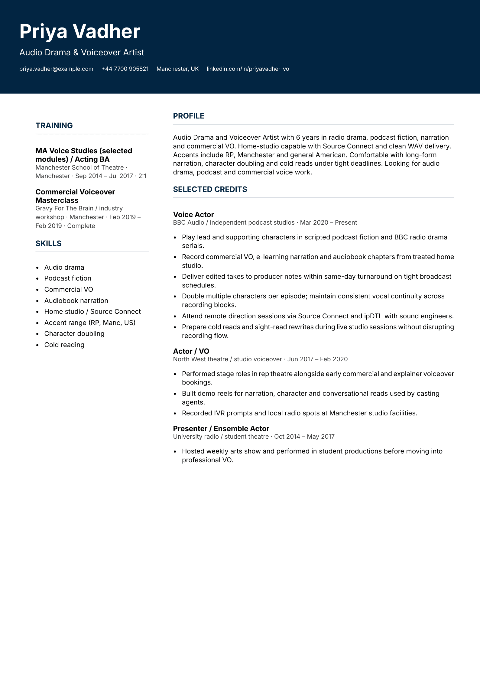 audio drama voiceover actor cv template
