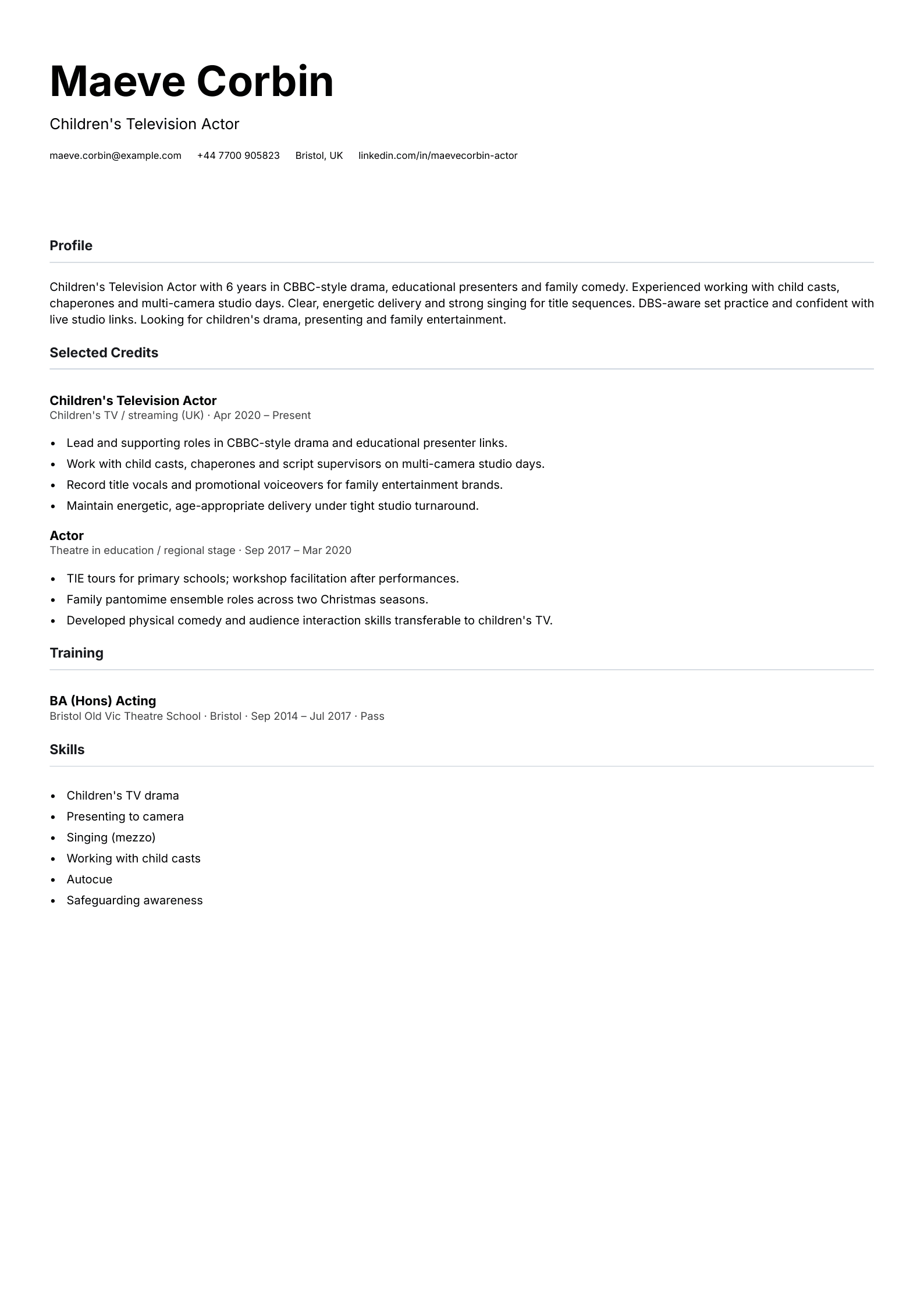 childrens television actor cv template