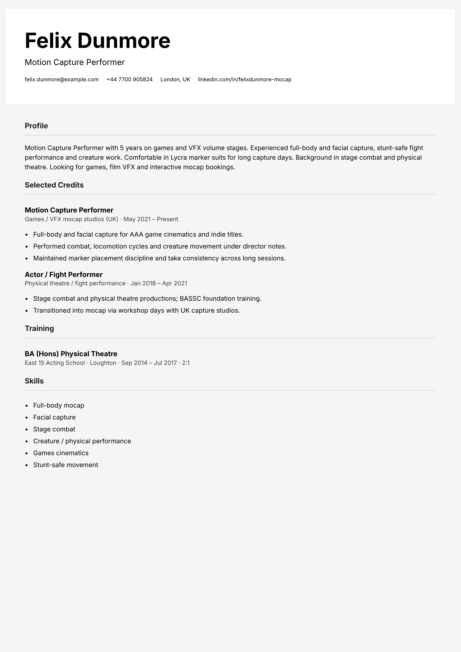 motion capture performer cv template