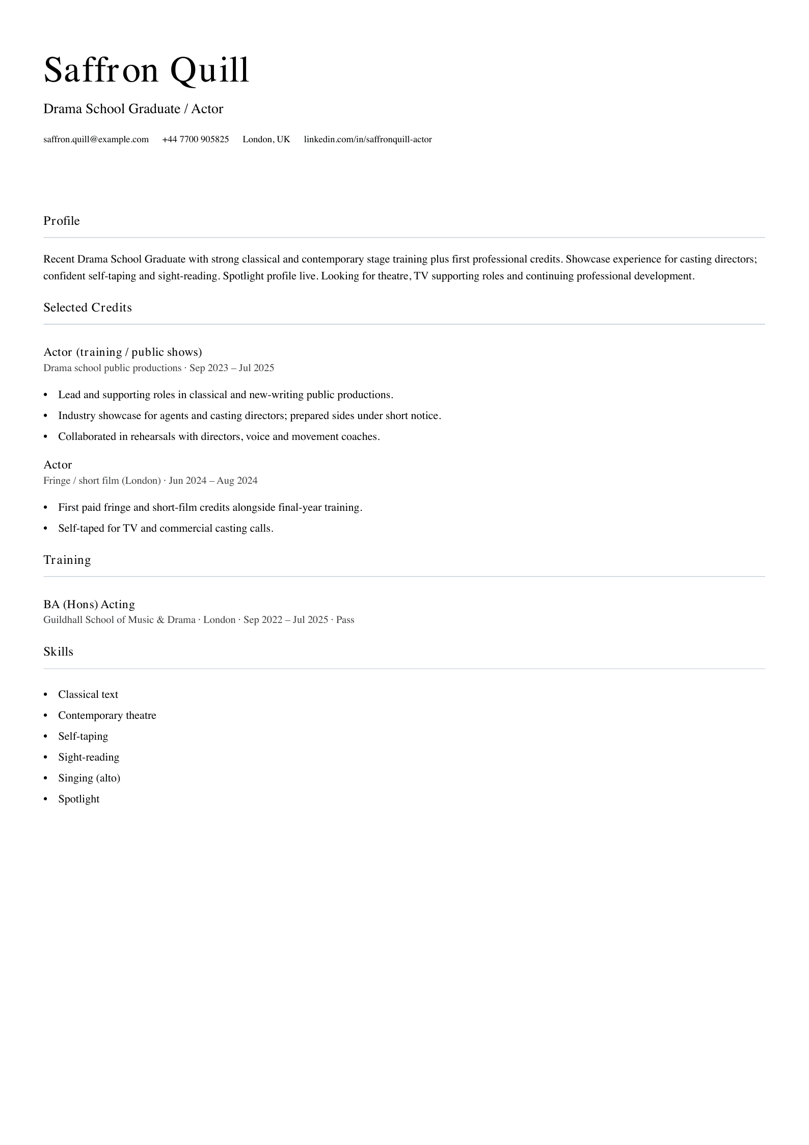 drama school graduate actor cv template