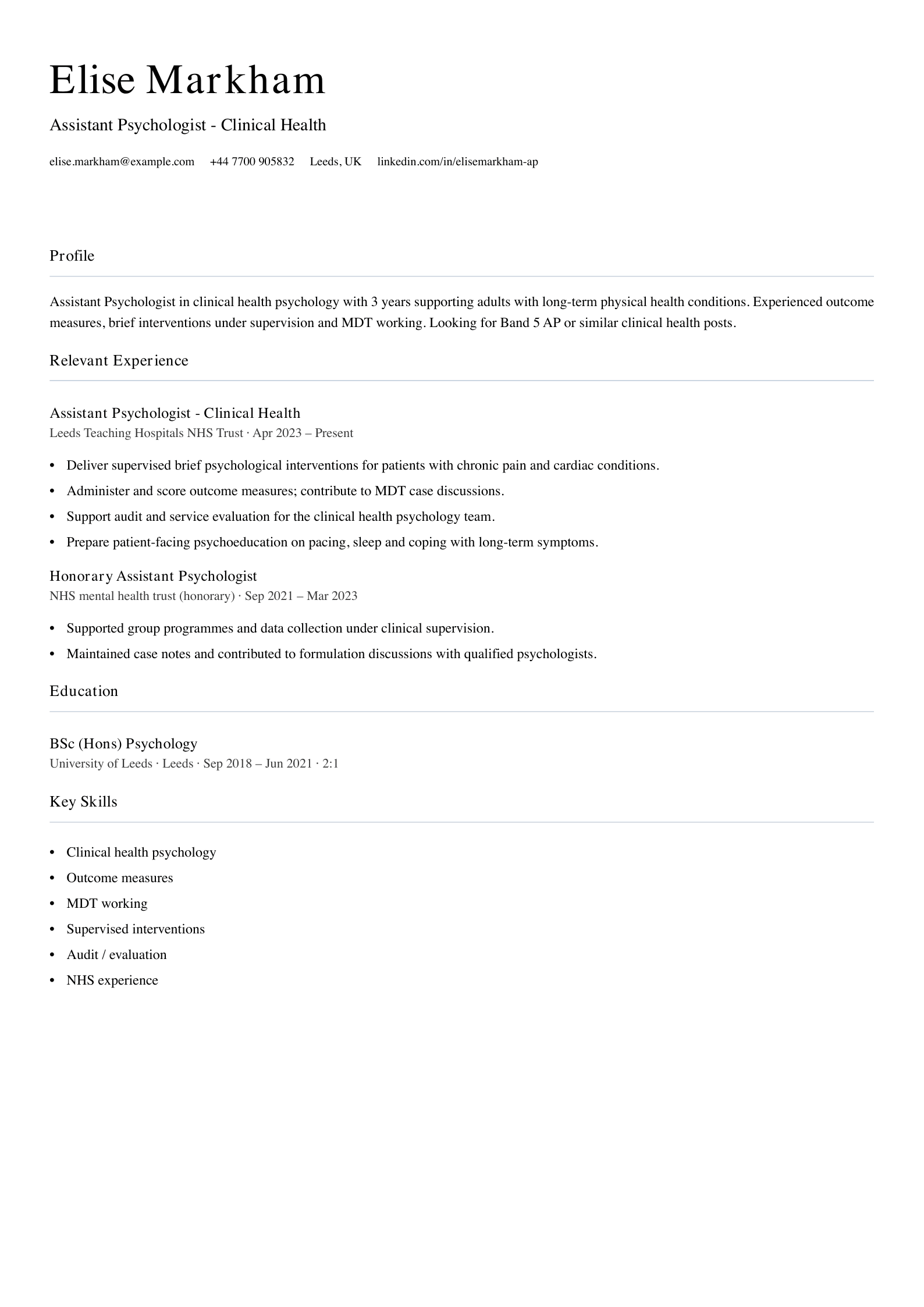 clinical health assistant psychologist cv template