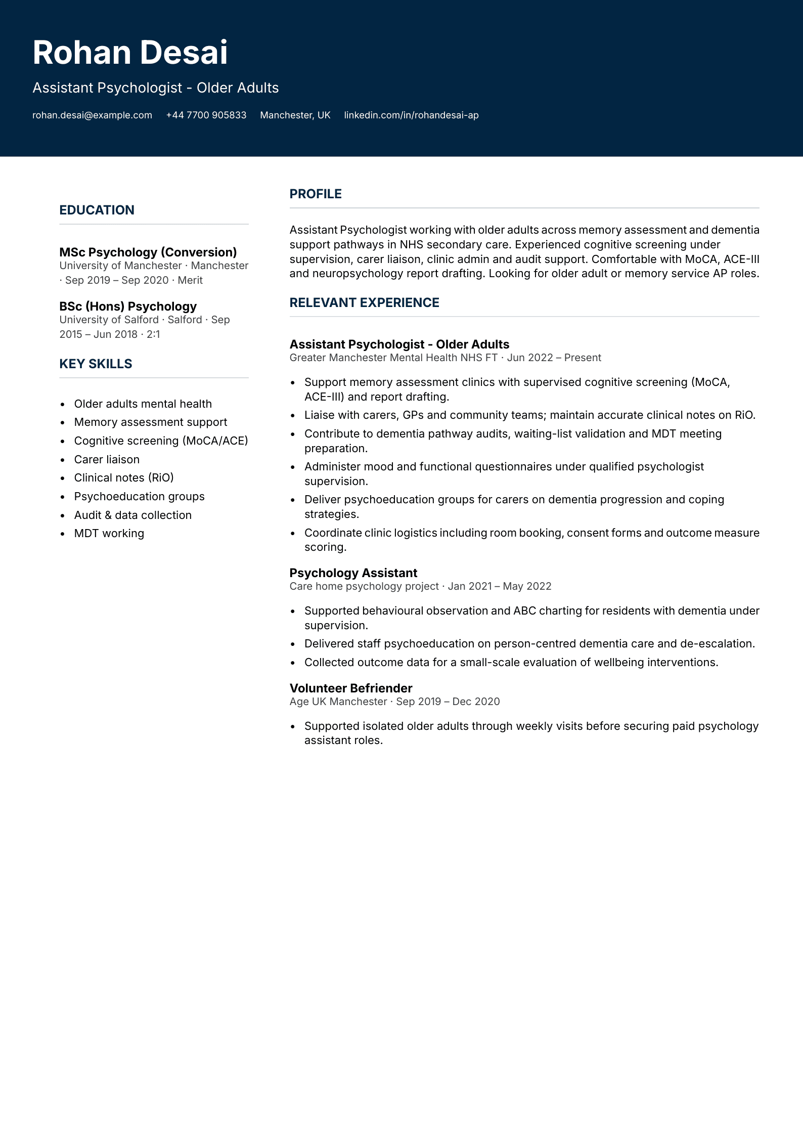 older adults assistant psychologist cv template