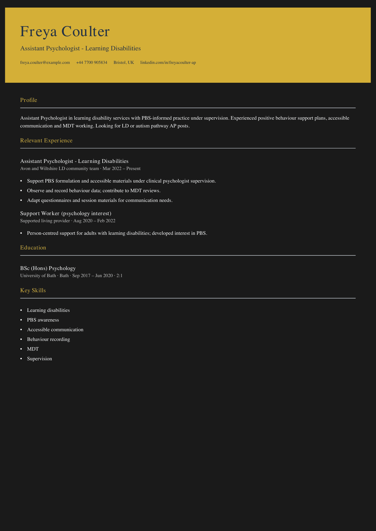 learning disabilities assistant psychologist cv template