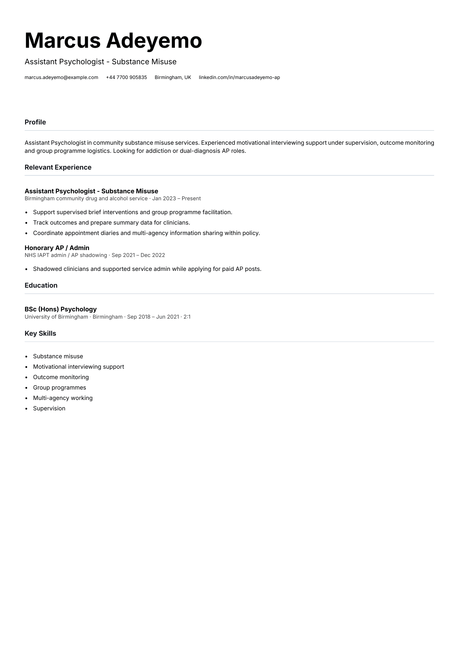 substance misuse assistant psychologist cv template