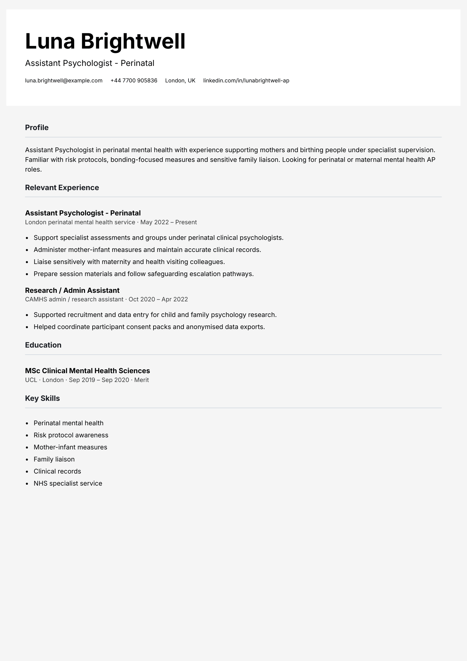 perinatal assistant psychologist cv template