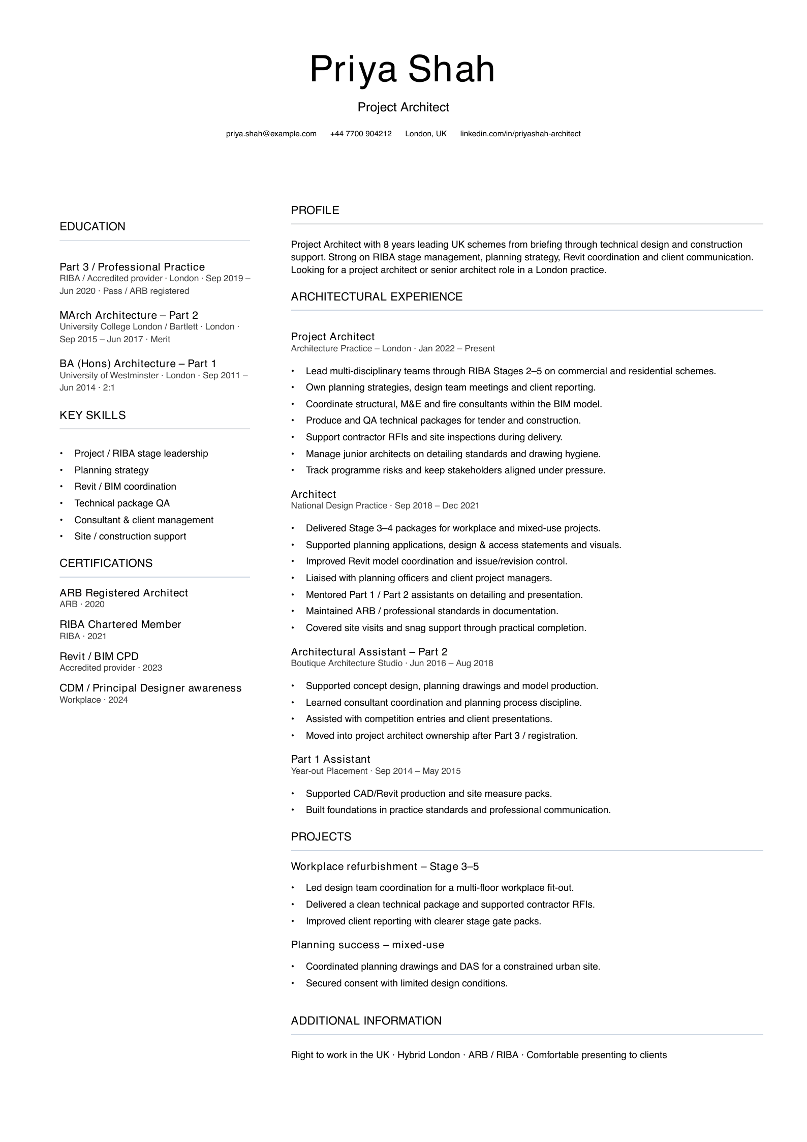 project architect CV template