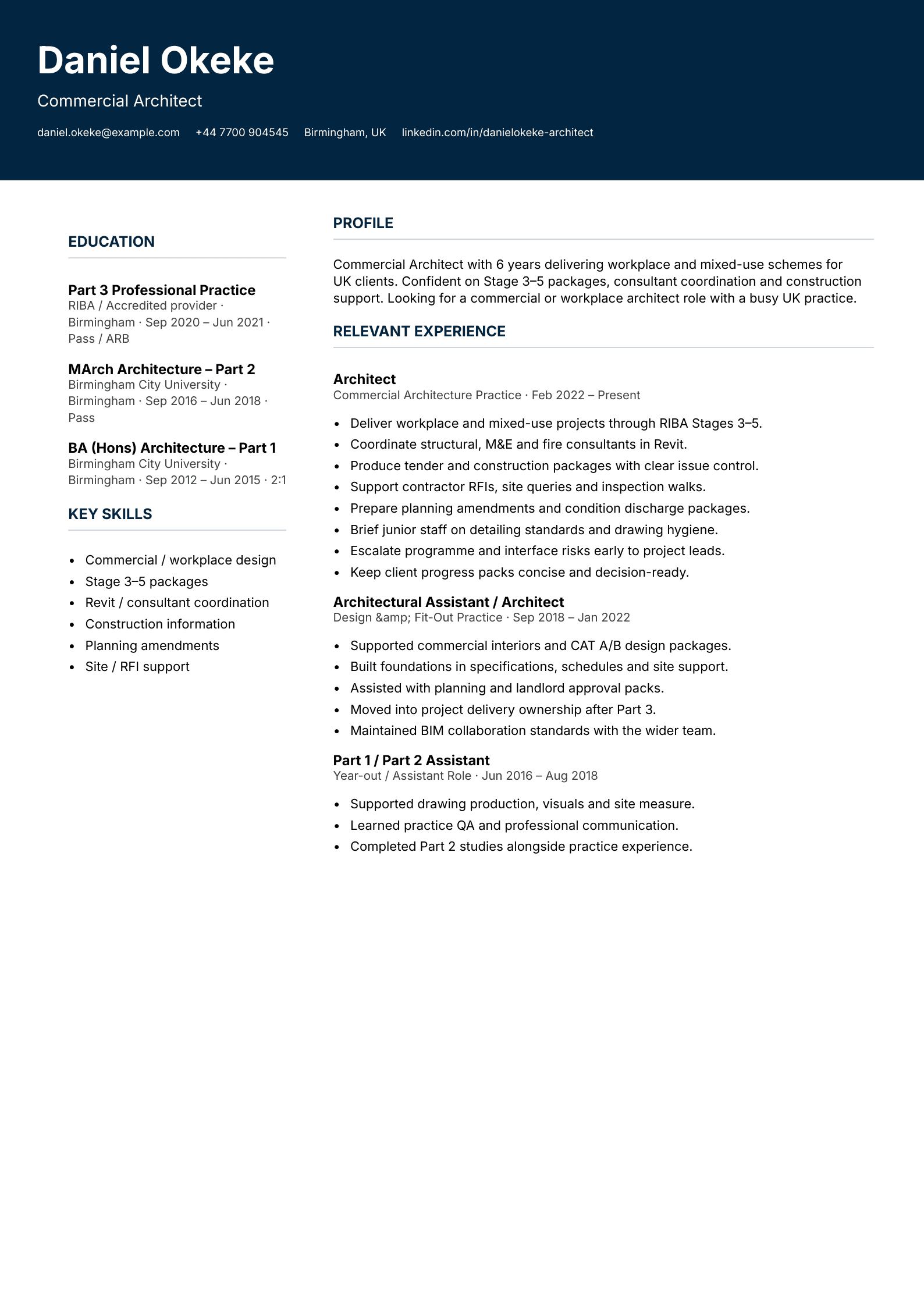 commercial architect CV template