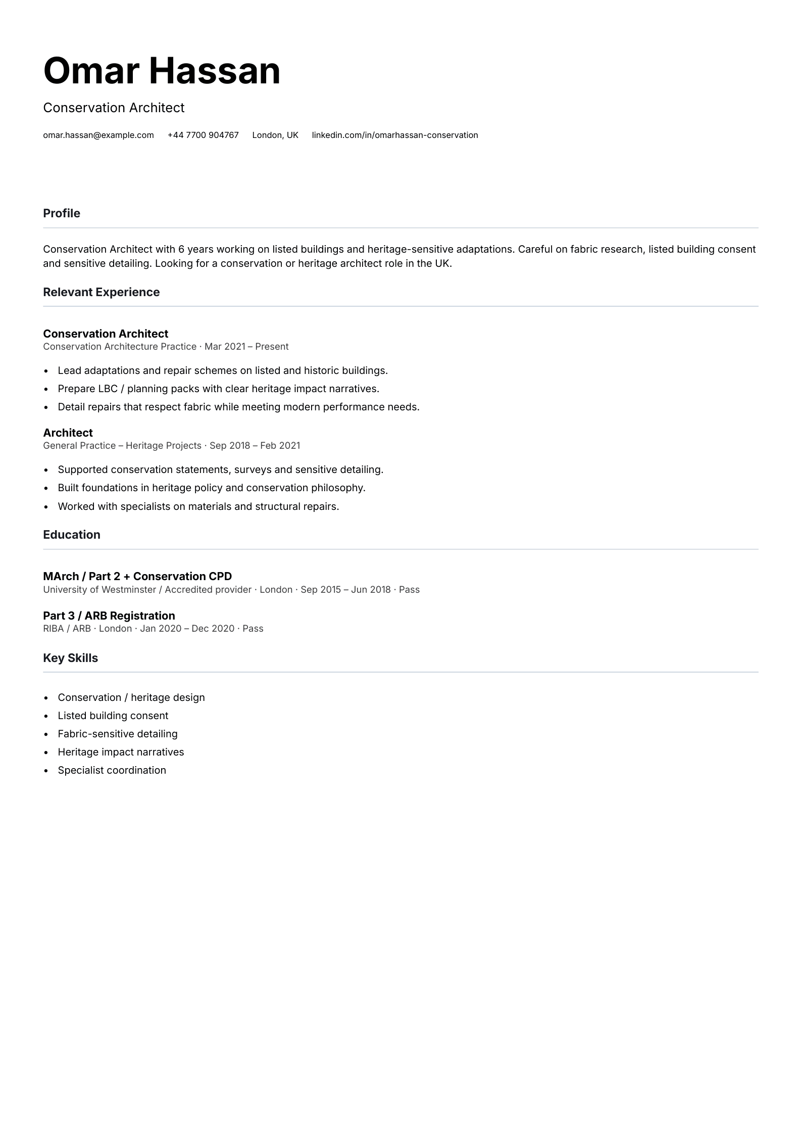conservation architect CV template