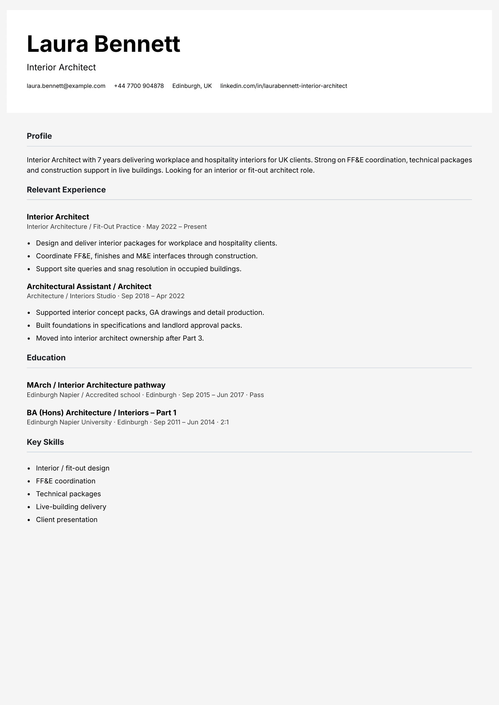 interior architect CV template