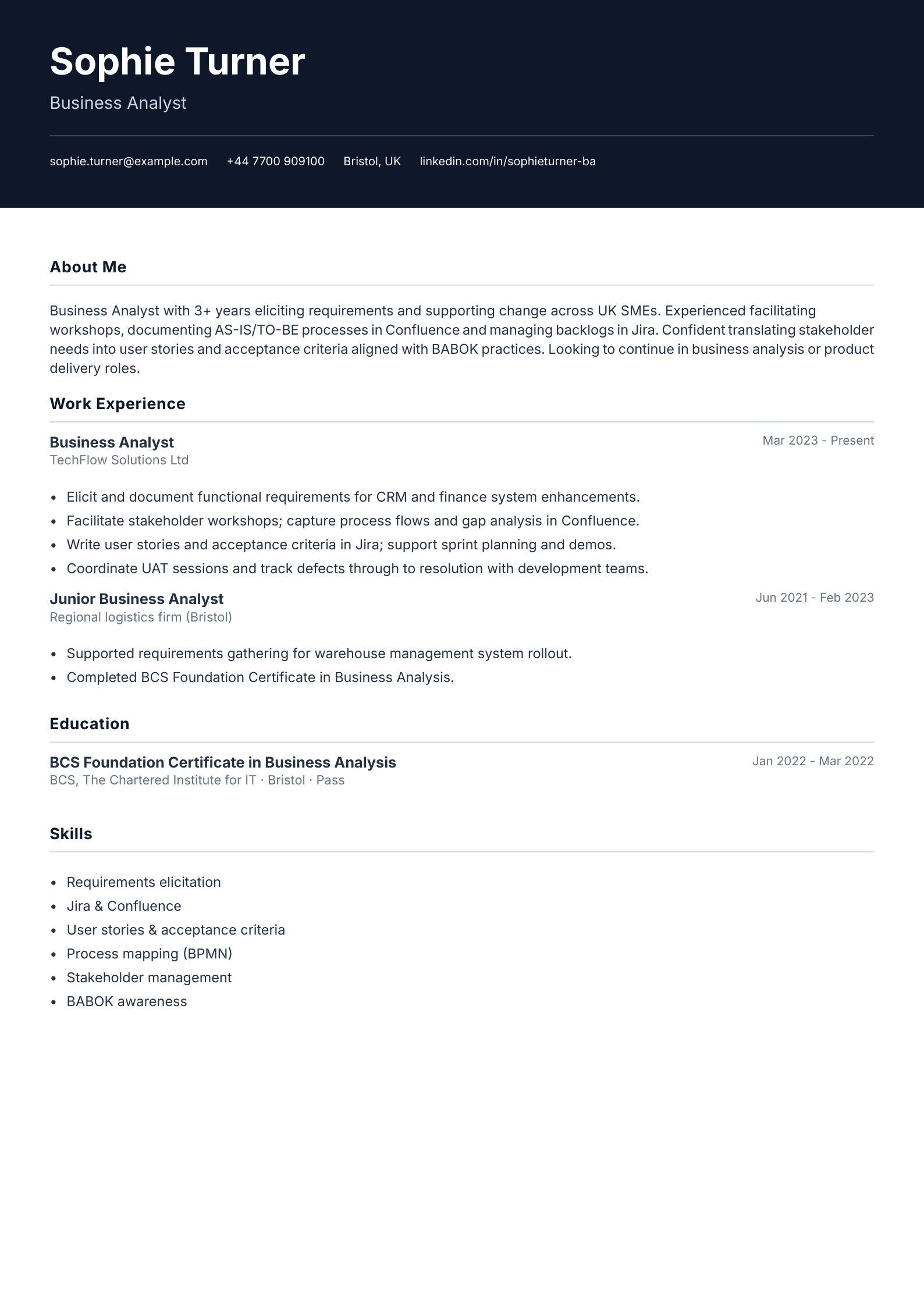 Business analyst CV template