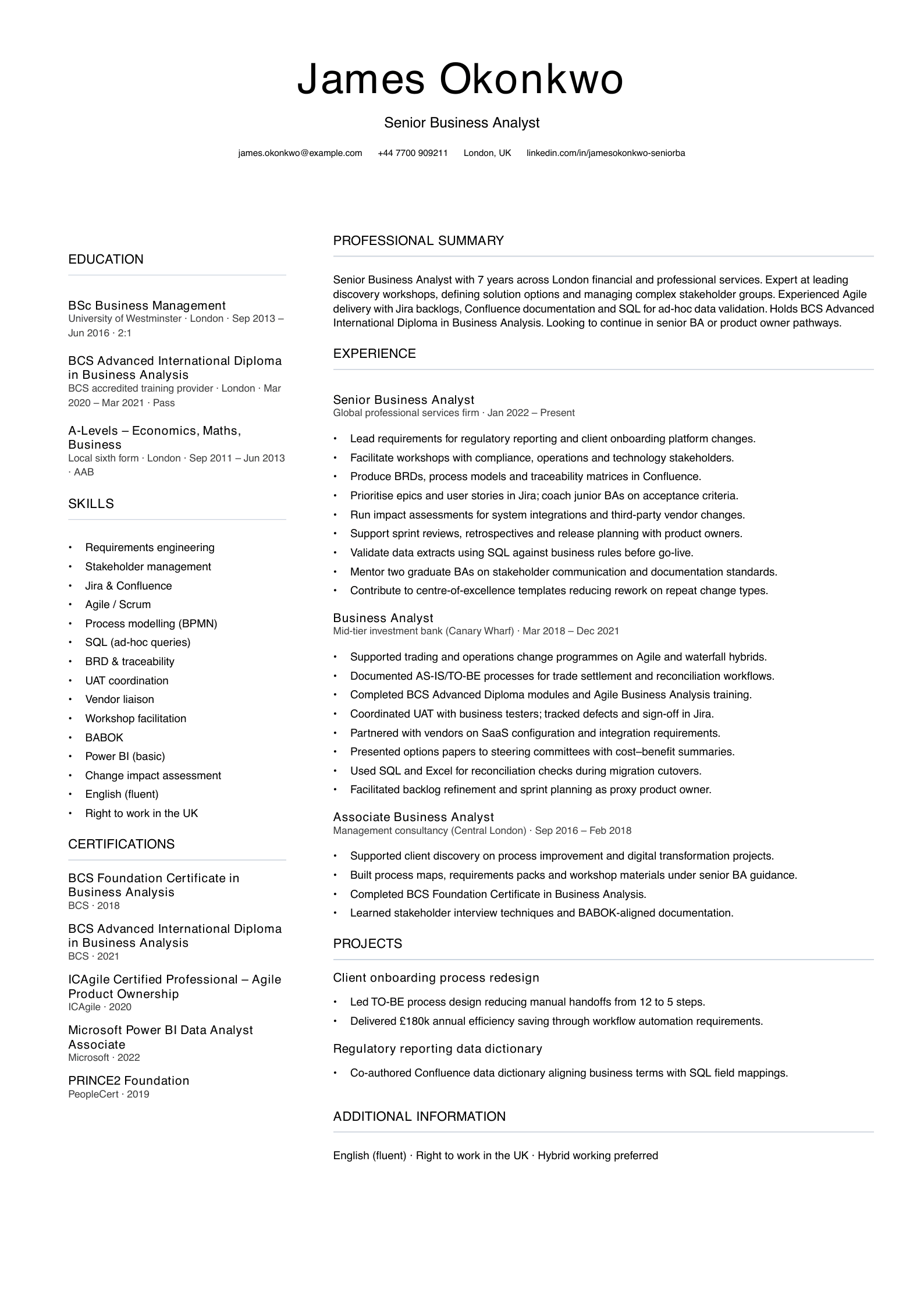 senior business analyst cv template