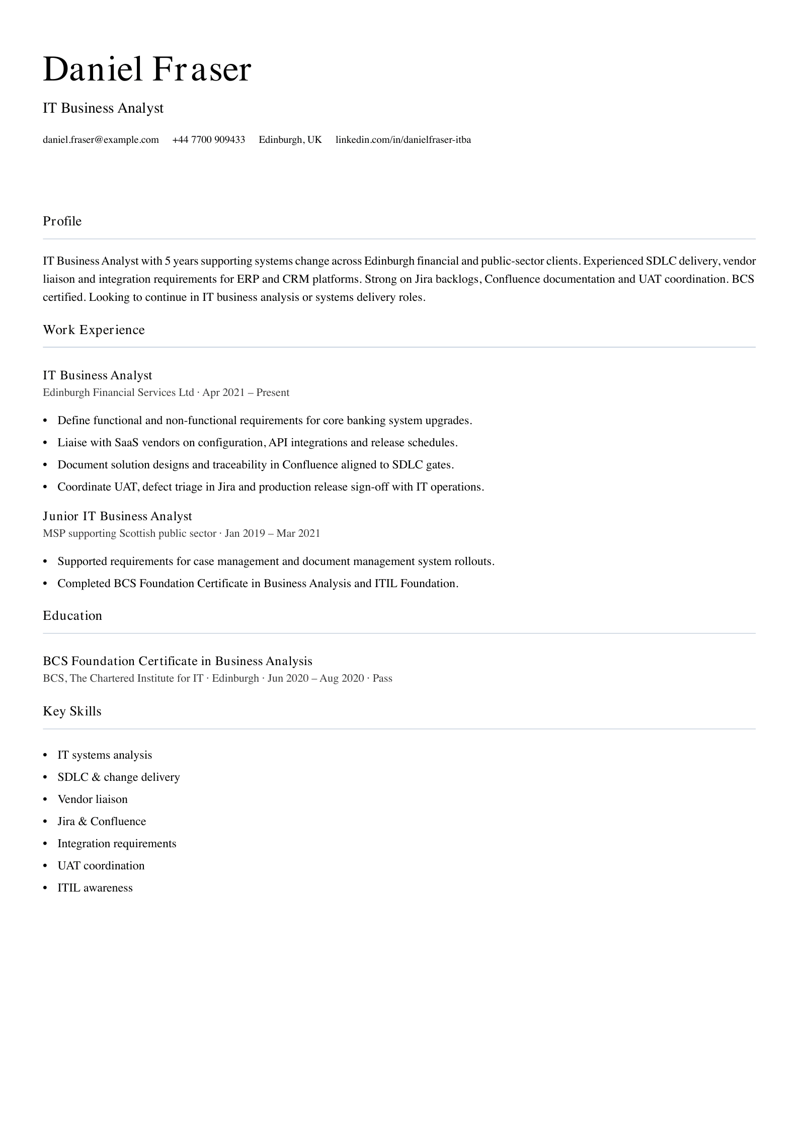 IT business analyst cv template