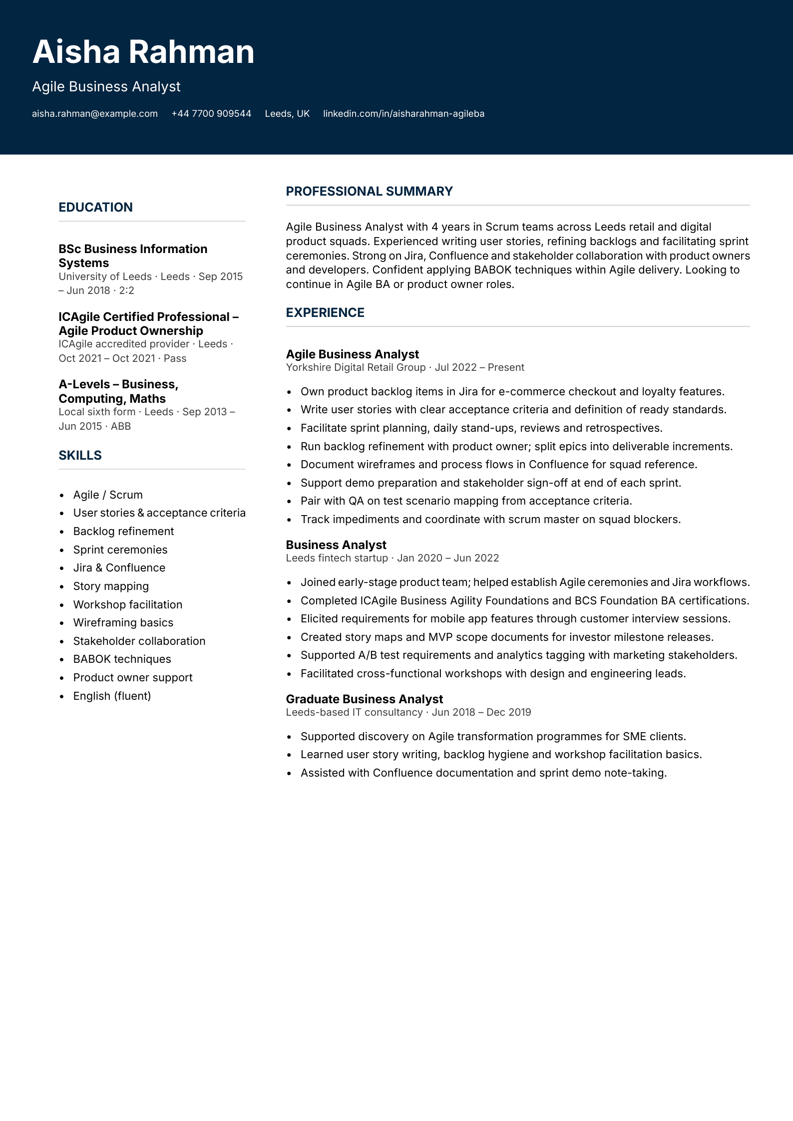 Agile business analyst CV template