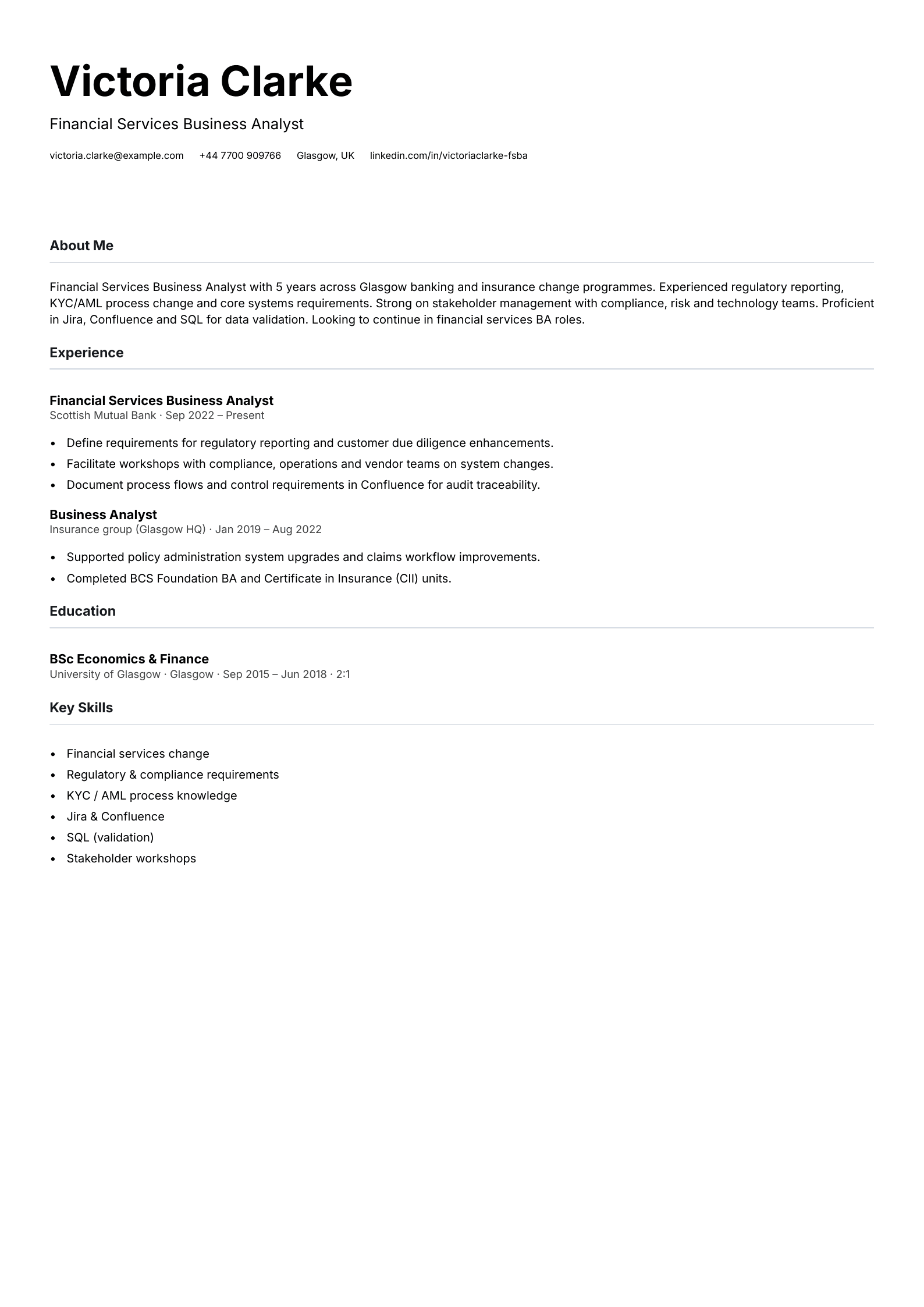 financial services business analyst cv template