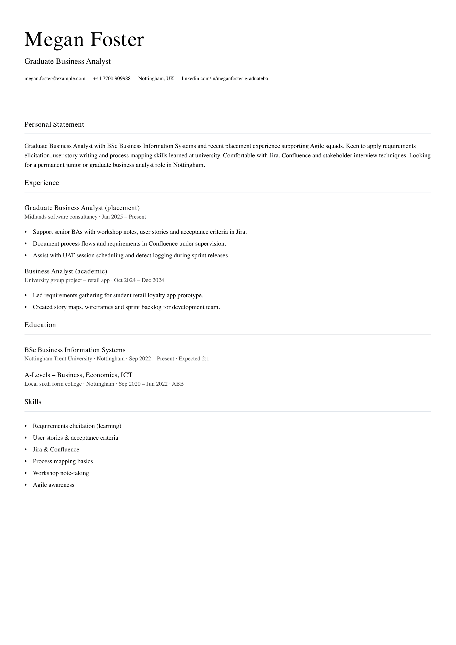 graduate business analyst cv template