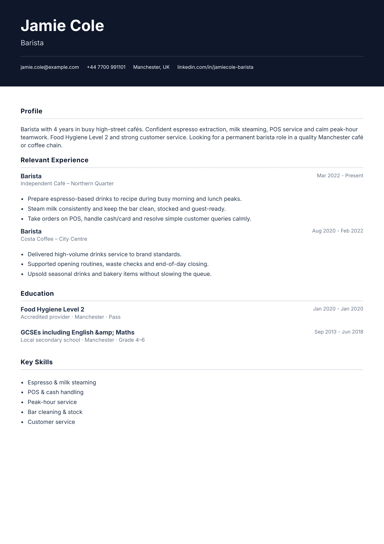 High street barista CV template
