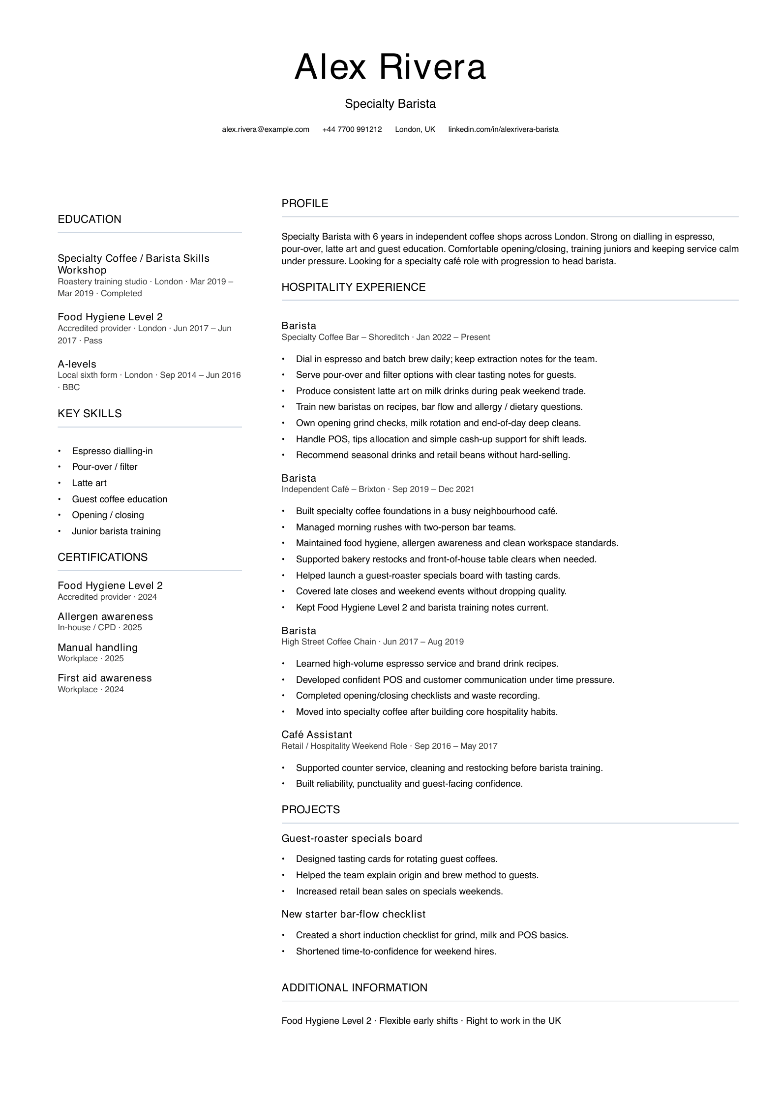 specialty barista CV template