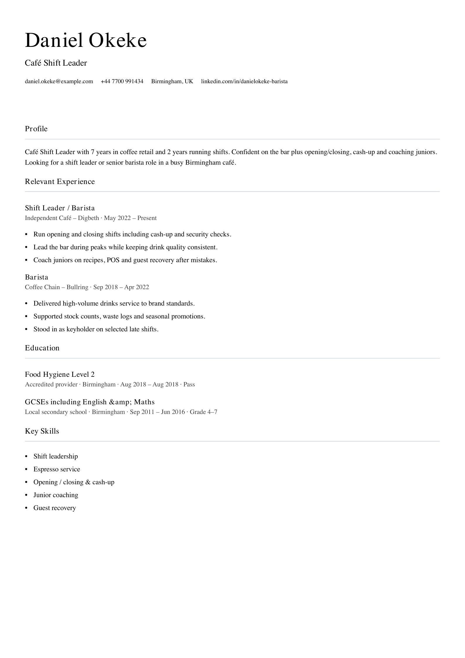 Café shift leader CV template