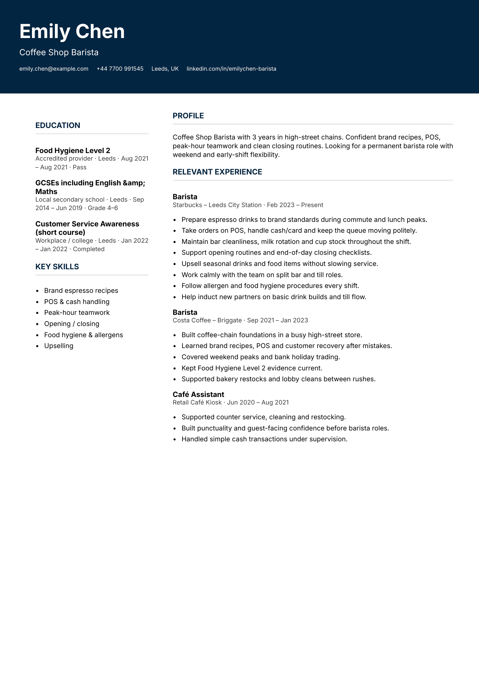 coffee chain barista CV template