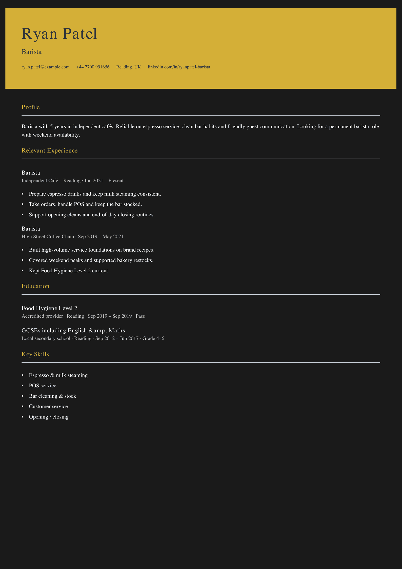 independent café barista CV template