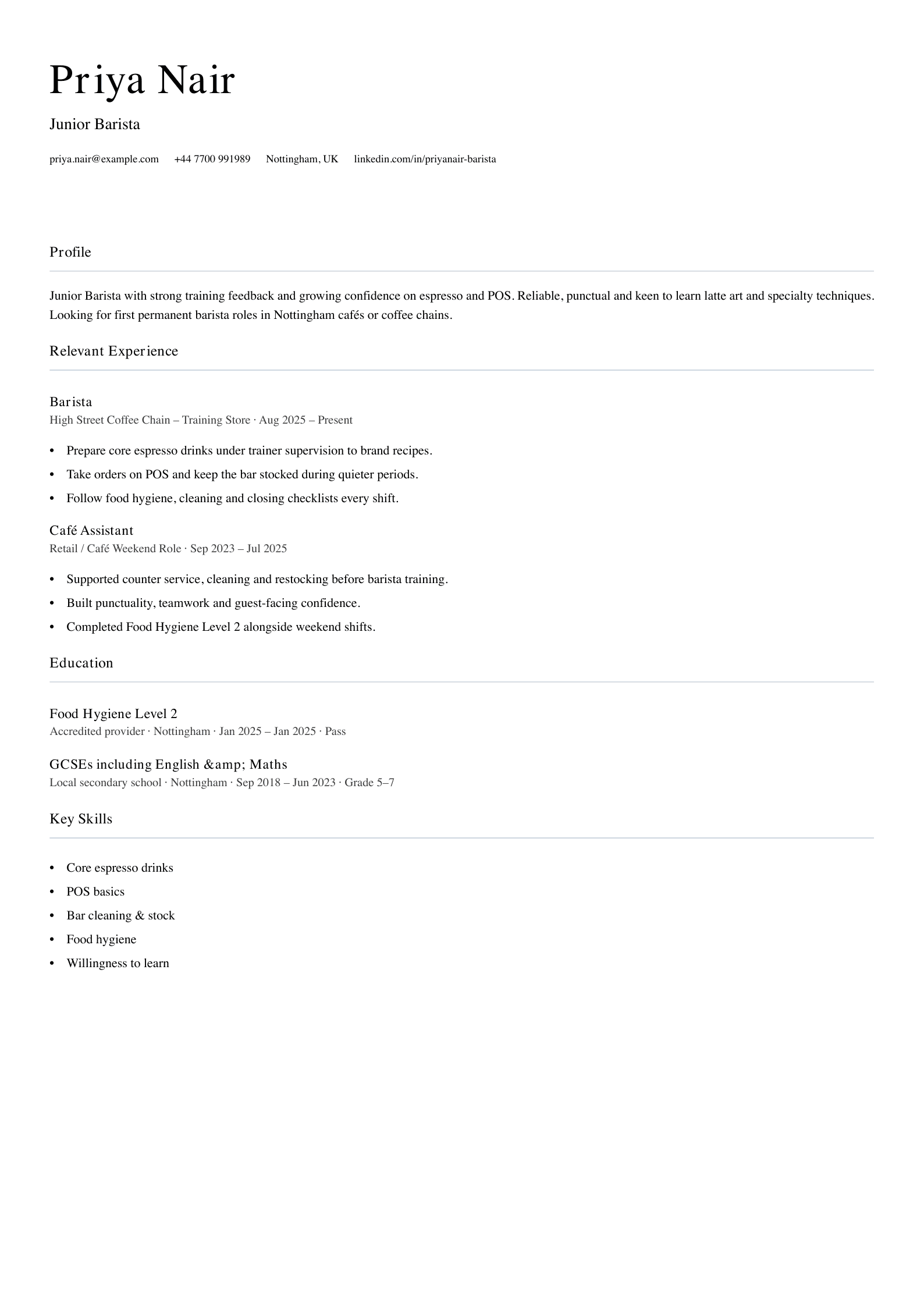 junior barista CV template