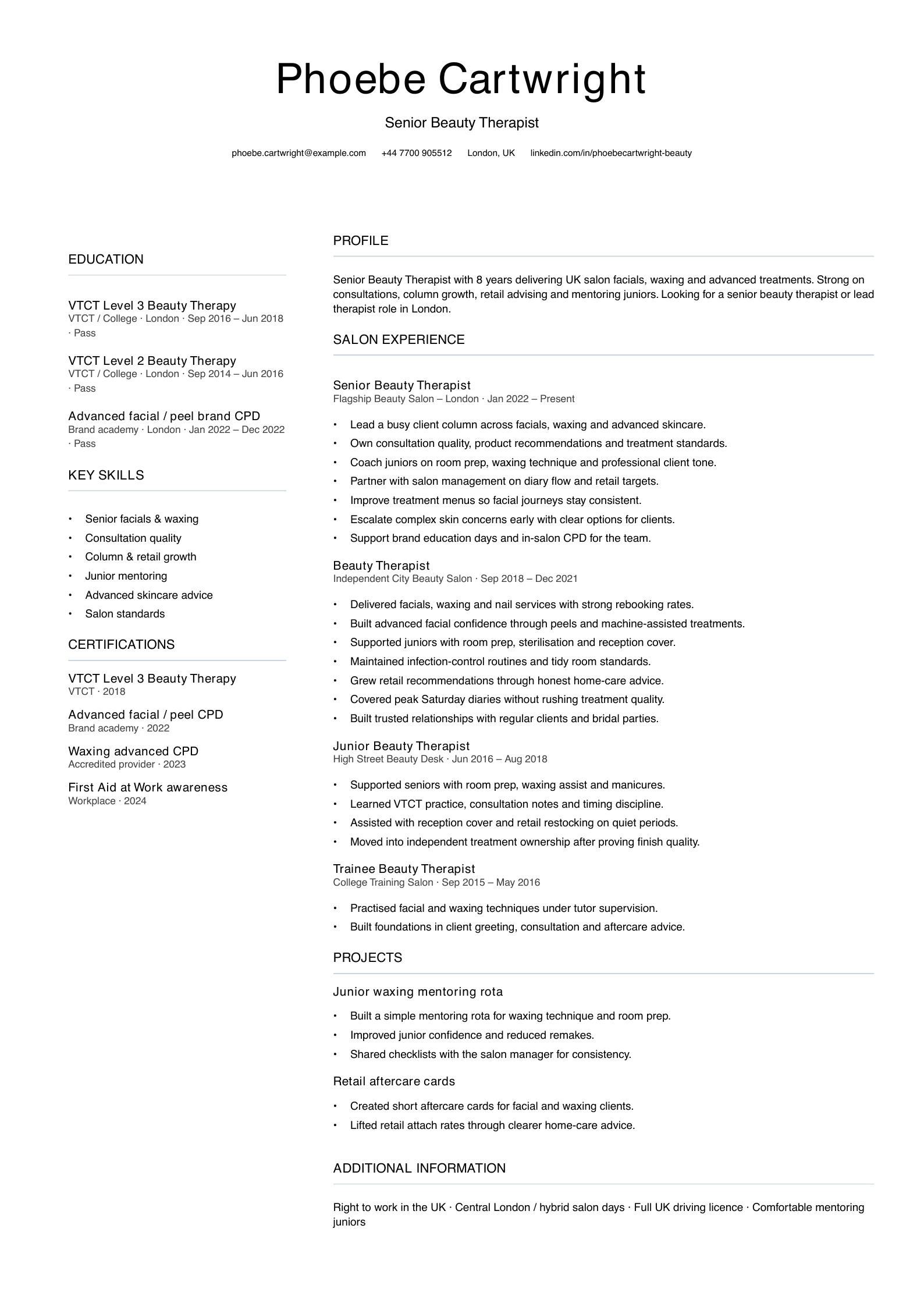senior beauty therapist CV template