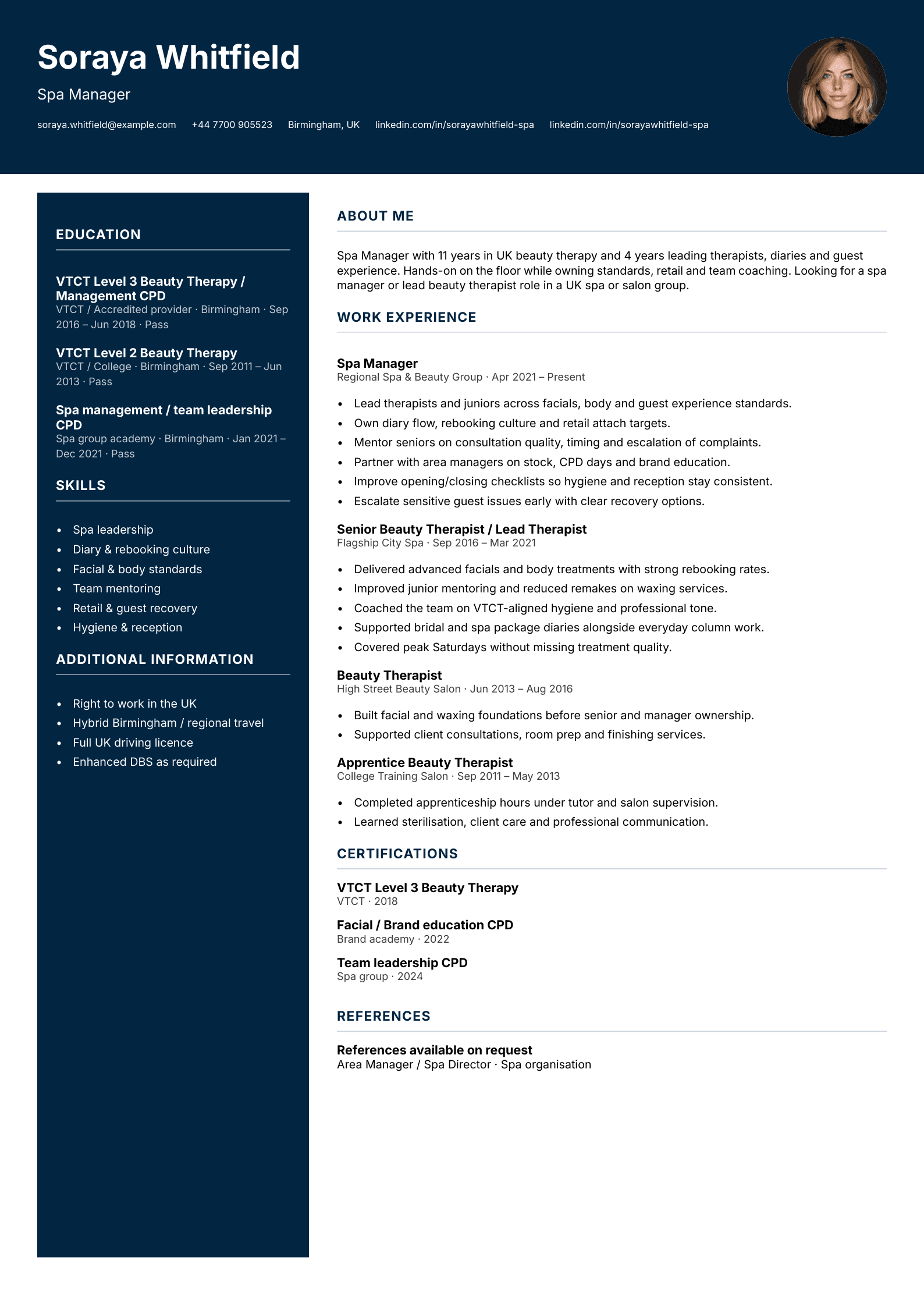 Spa manager CV template