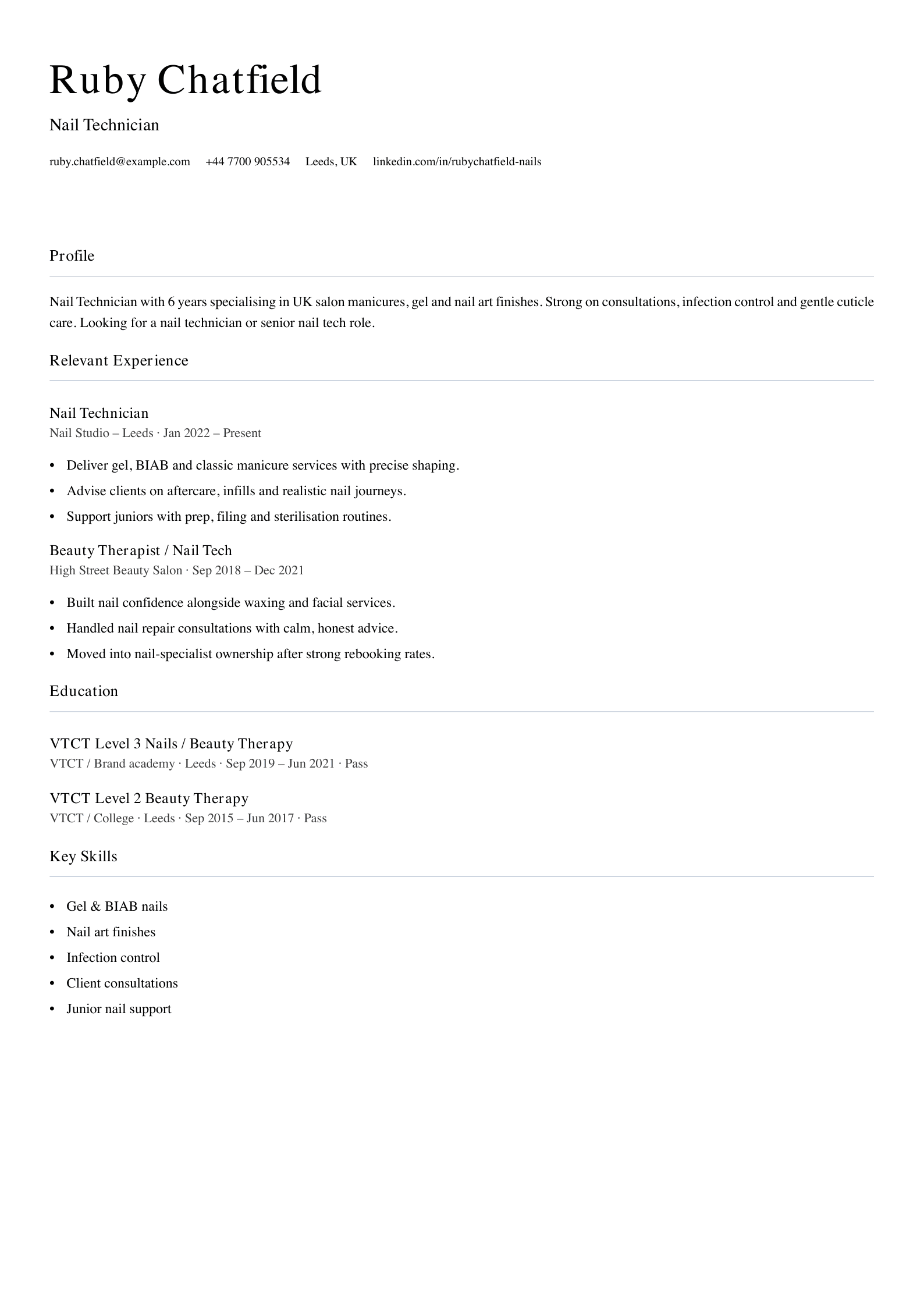 Nail technician CV template