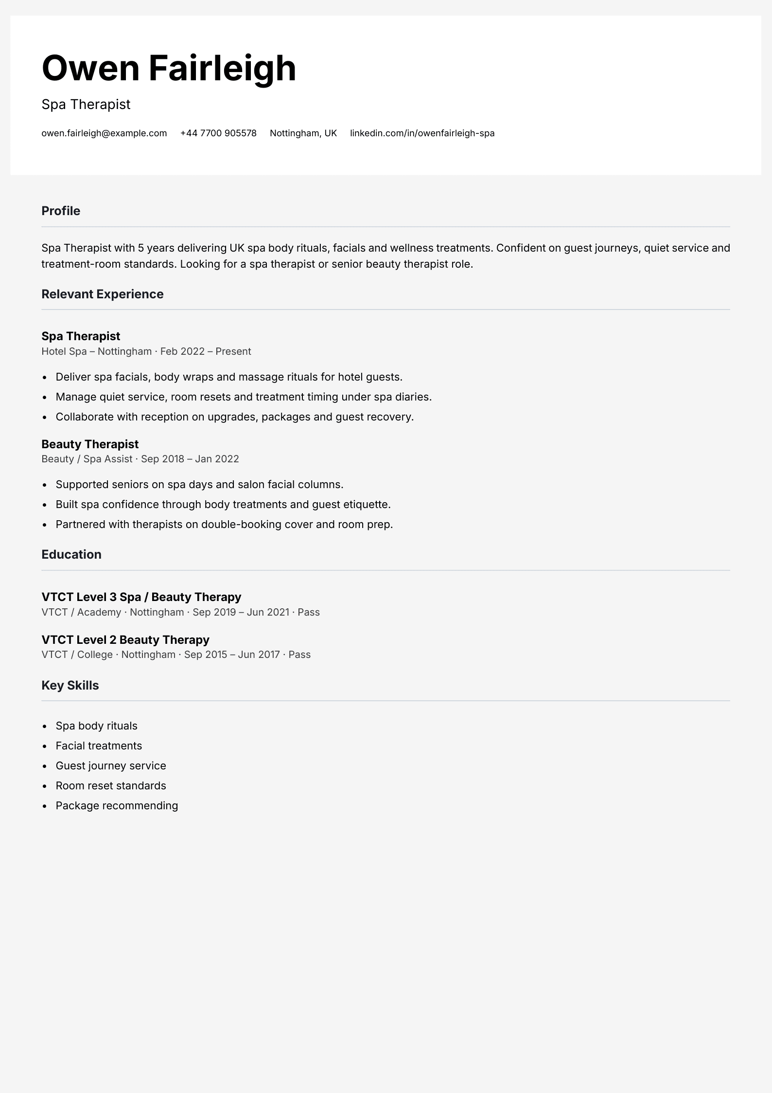 spa therapist CV template