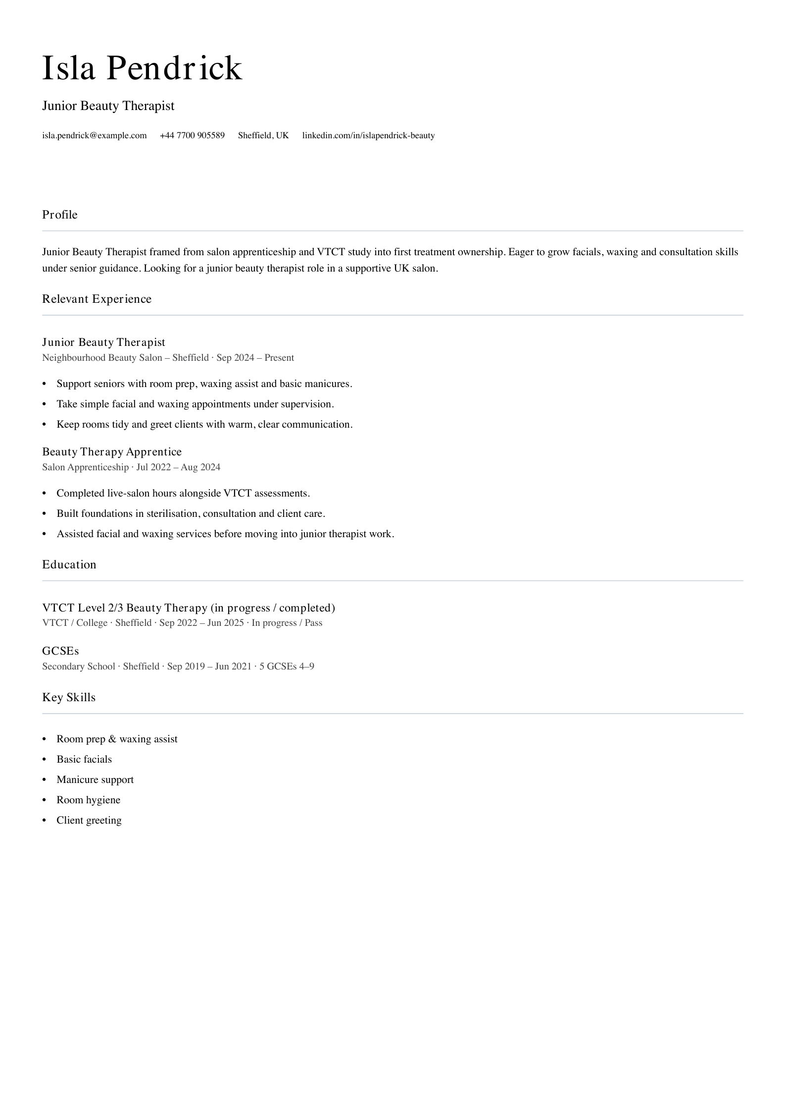 junior beauty therapist CV template
