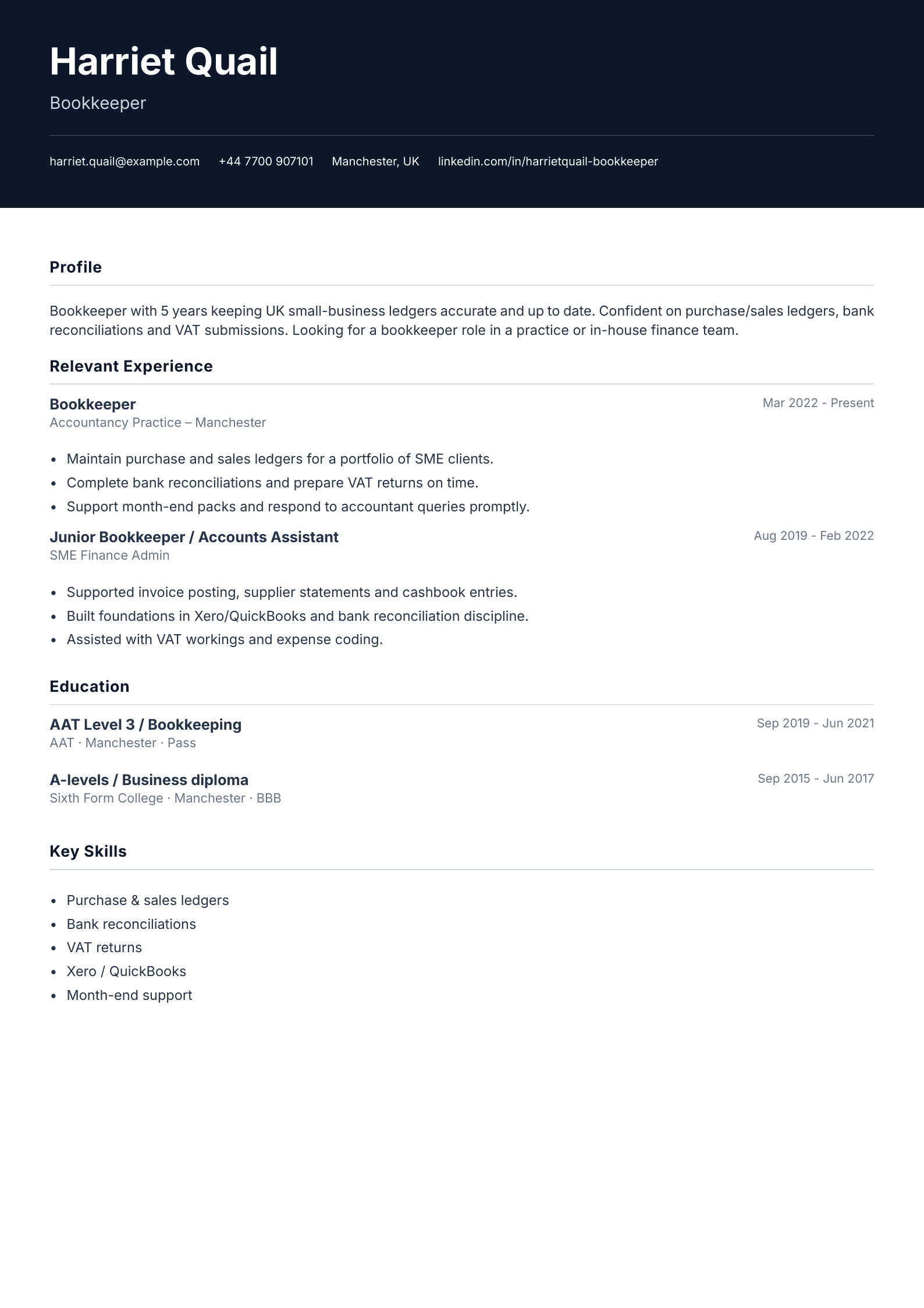 Bookkeeper CV template