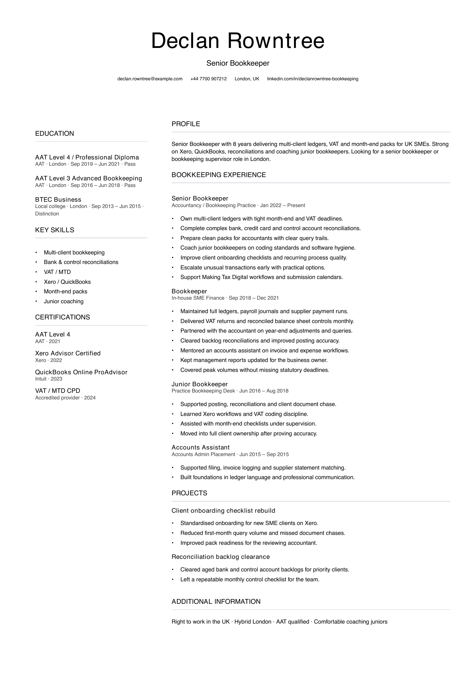 senior bookkeeper CV template