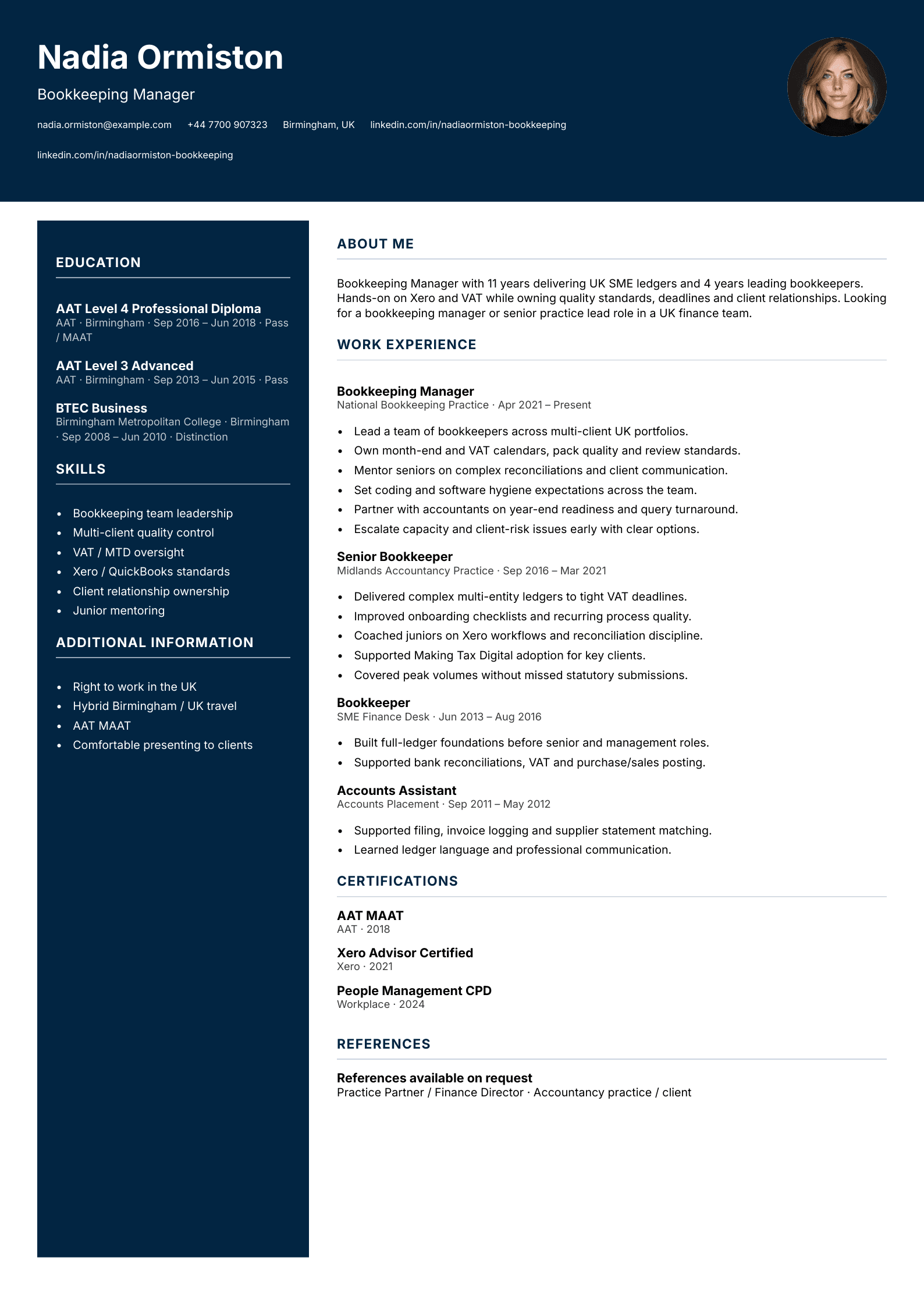 Bookkeeping manager CV template
