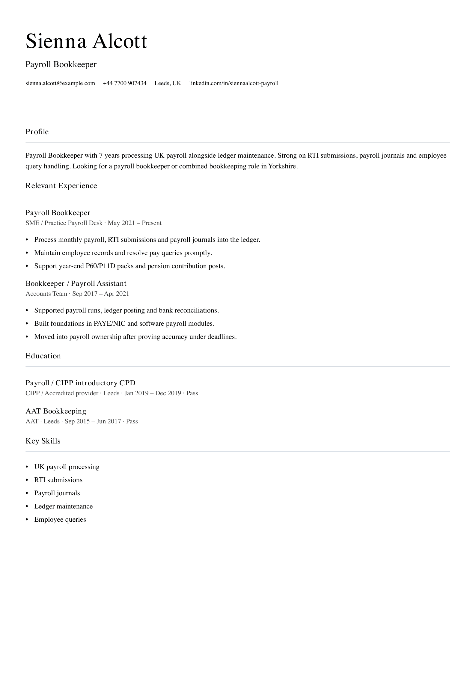 Payroll bookkeeper CV template