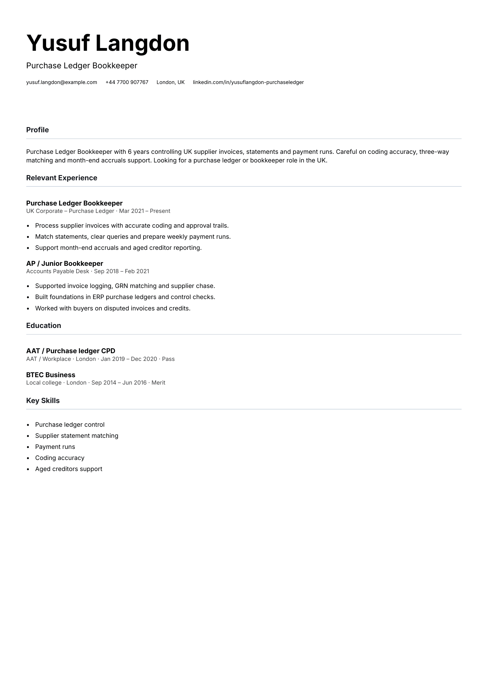 purchase ledger bookkeeper CV template