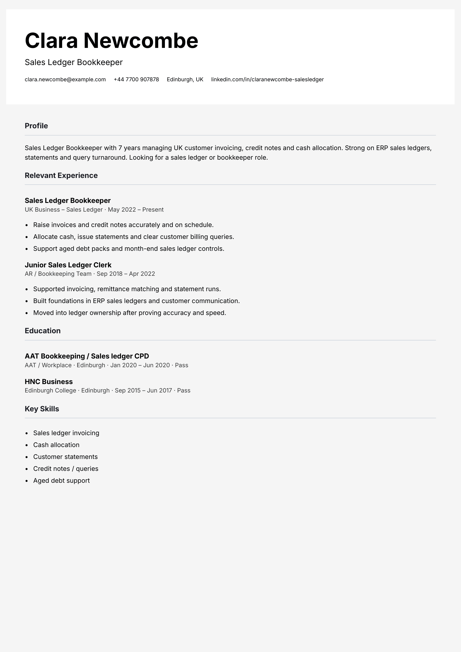 sales ledger bookkeeper CV template