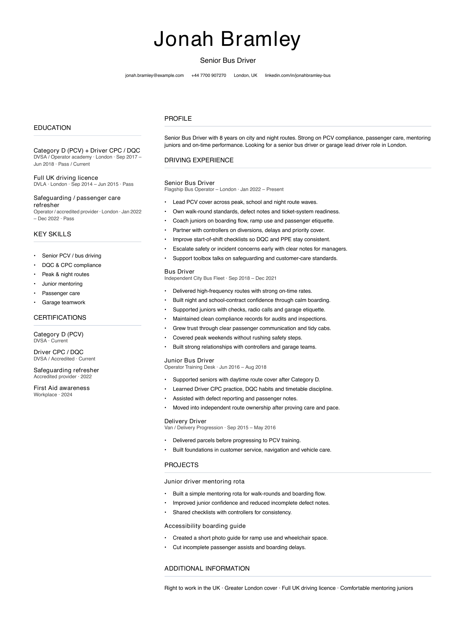 senior bus driver CV template