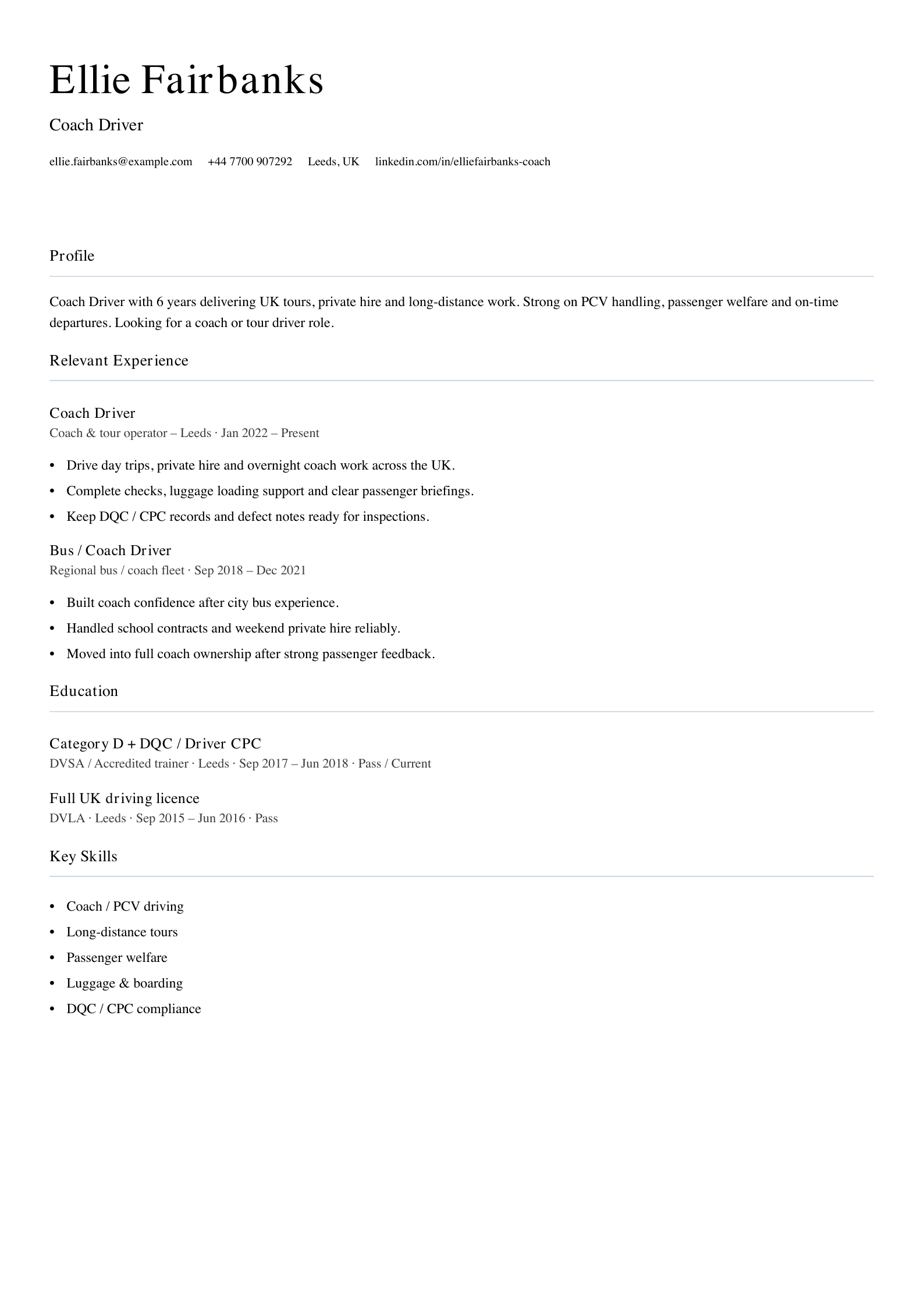 Coach driver CV template