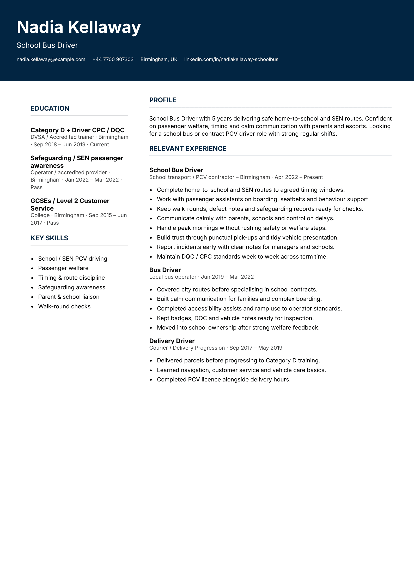 school bus driver CV template